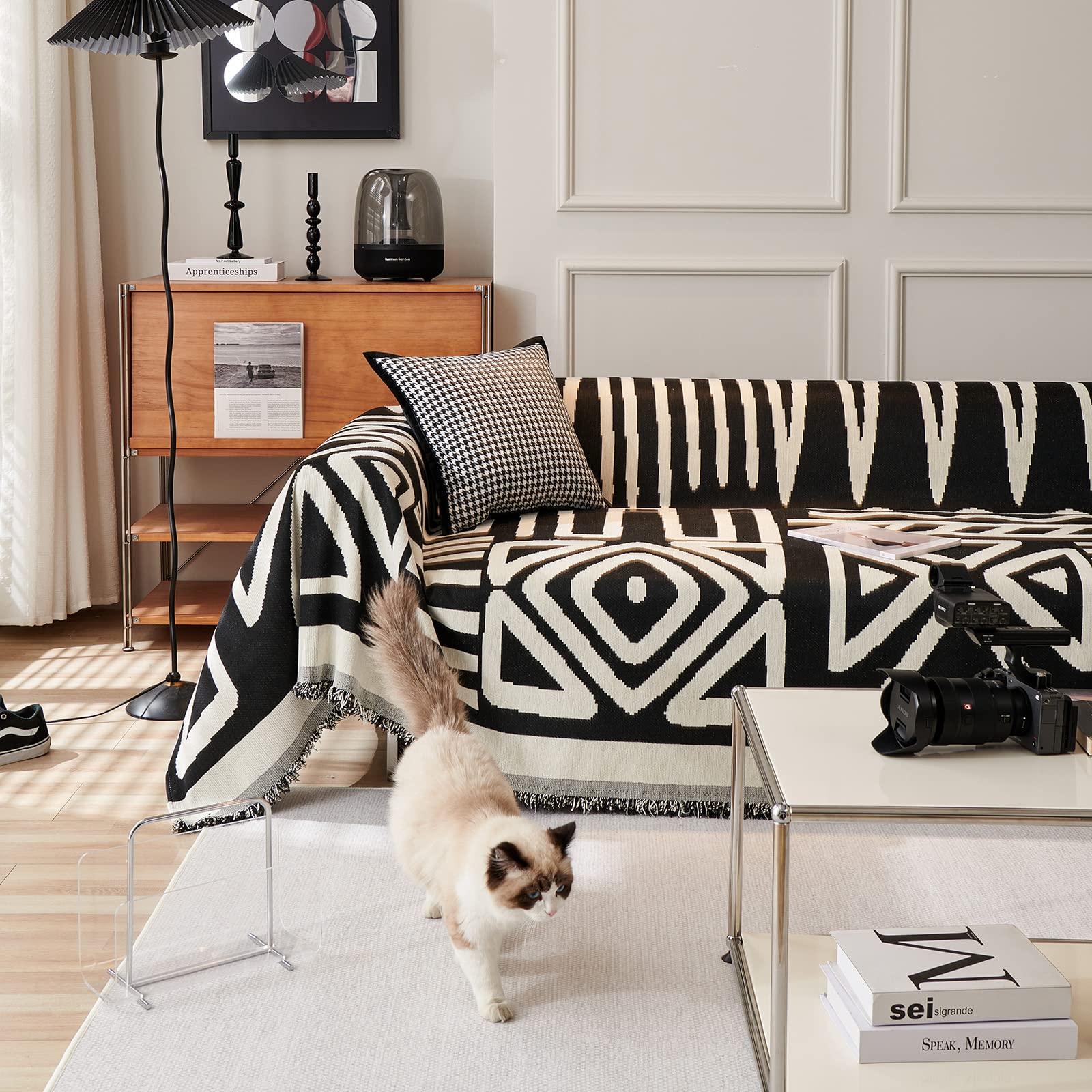 HANDONTIME Boho Sofa Covers for Dogs Black Couch Sofa Covers for 3 Cushion Couch Sofa Beige Chenille Sofa Slipcover Couch Covers
