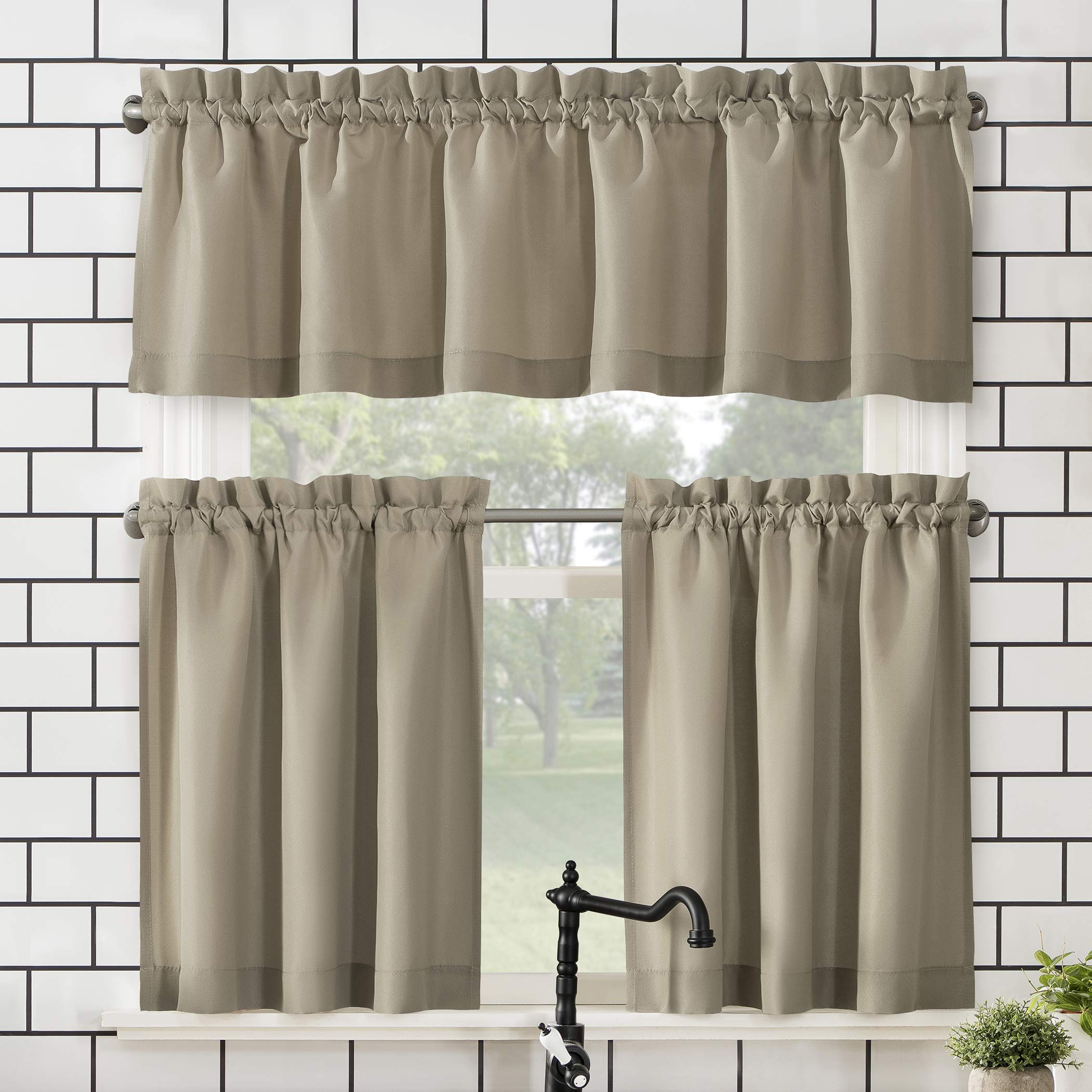 No. 918 Martine Microfiber Semi-Sheer Rod Pocket Kitchen Curtain Valance and Tiers Set, 54 x 36, Taupe