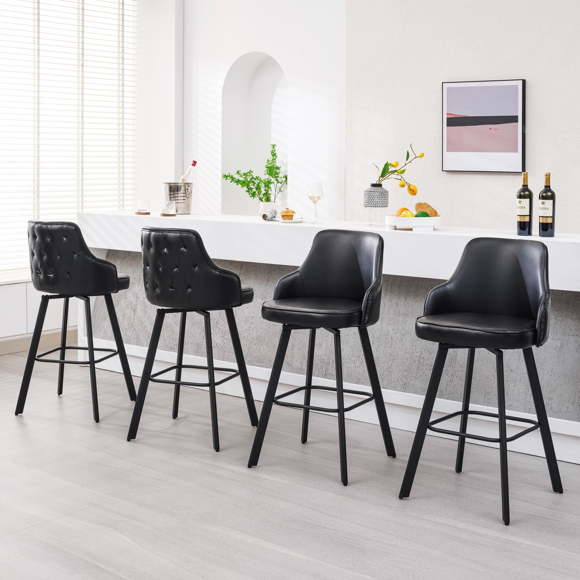 FIRAVOE Bar Stools Set of 4, 30 Swivel Bar Height Bar Stools with High Back, Faux Leather Kitchen Barstools Bar Height for Kitch