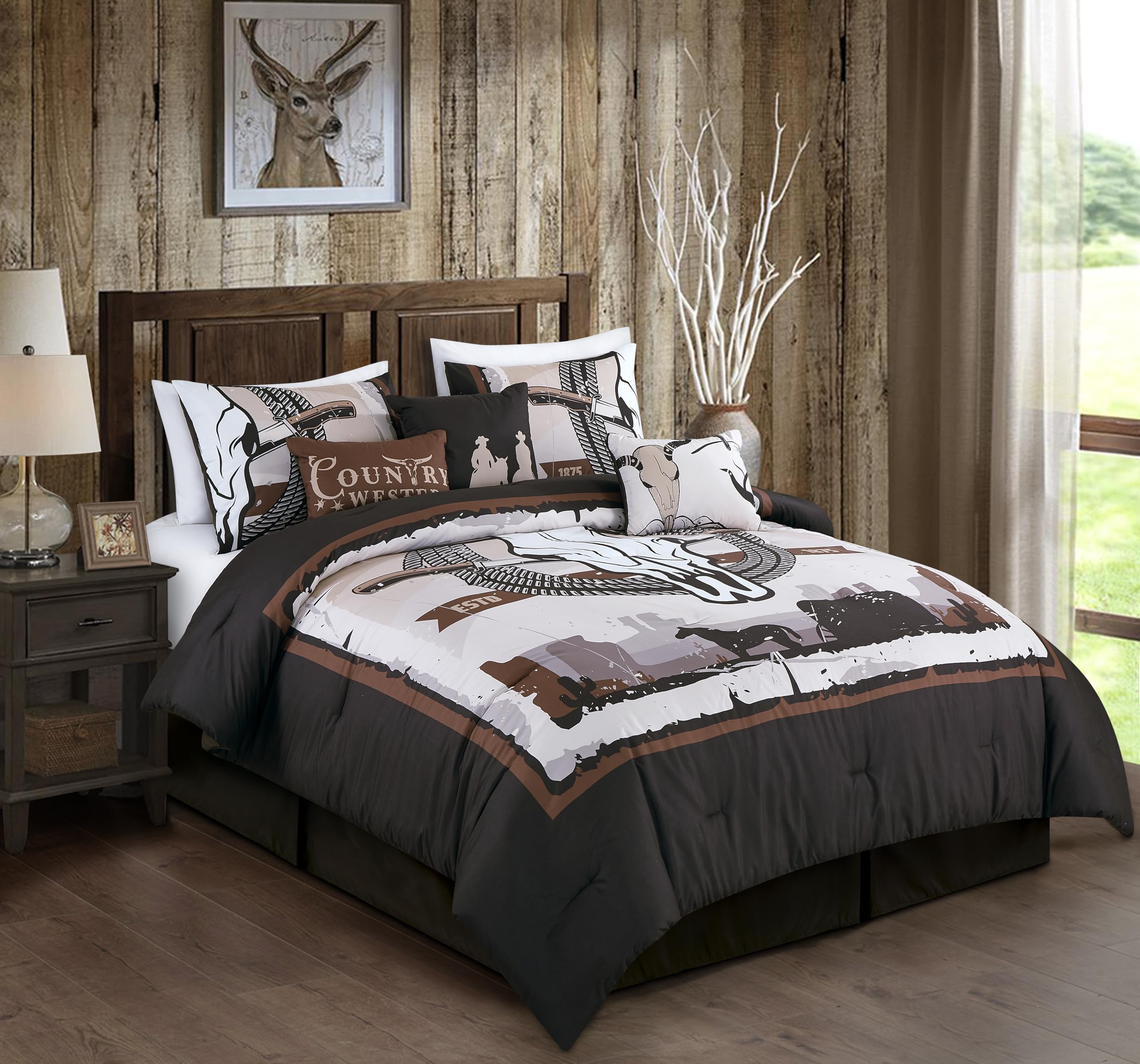 Chezmoi Collection Weston 7-Piece Southwestern Country Skull Comforter Set - Multicolor Brown Beige Tan White Printed Washed Mic