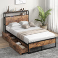 KOMFOTT Full Bed Frame with Charging Station & 2 Storage Drawers, Industrial Heavy Duty Metal Platform Bed Frame with Storage He