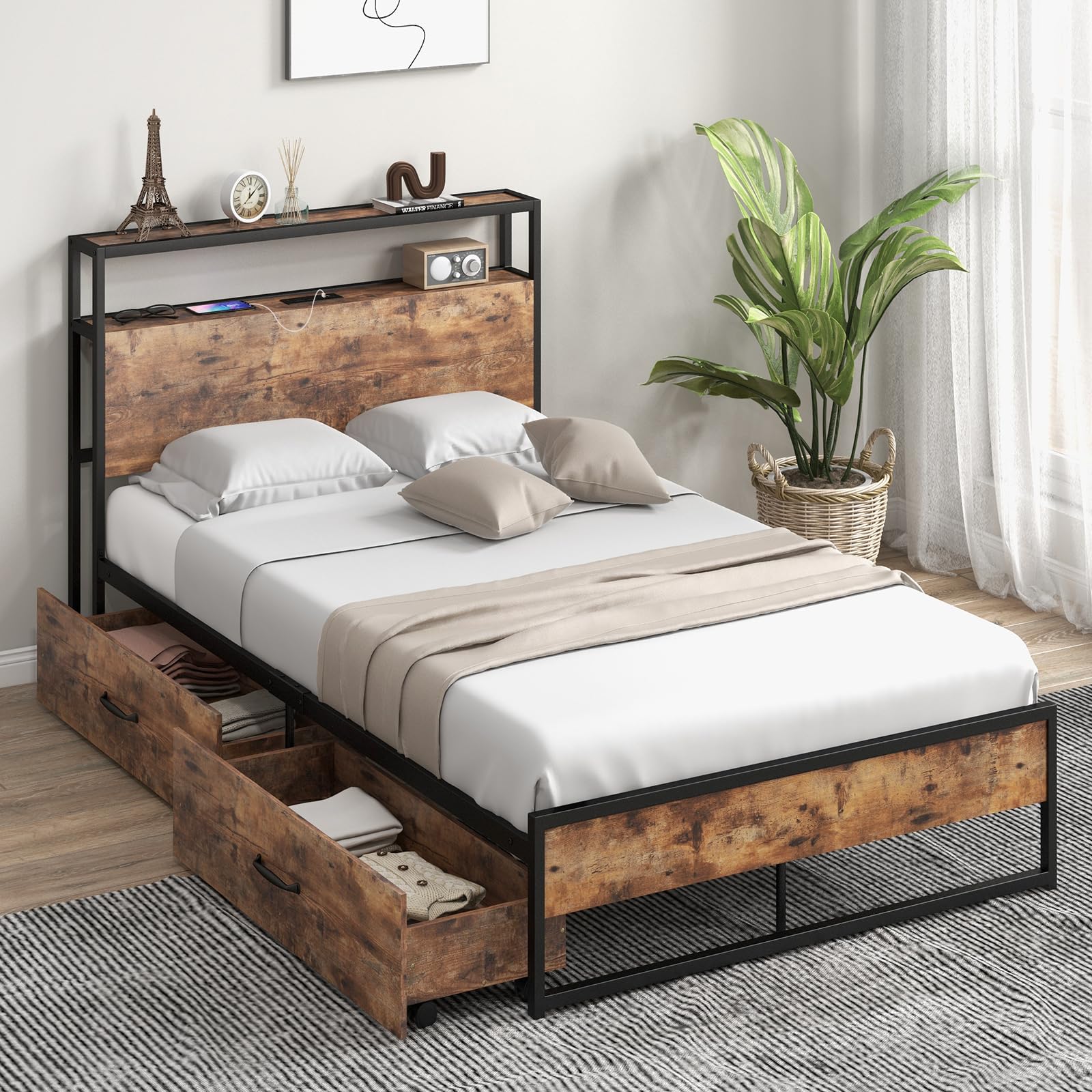 KOMFOTT Full Bed Frame with Charging Station & 2 Storage Drawers, Industrial Heavy Duty Metal Platform Bed Frame with Storage He