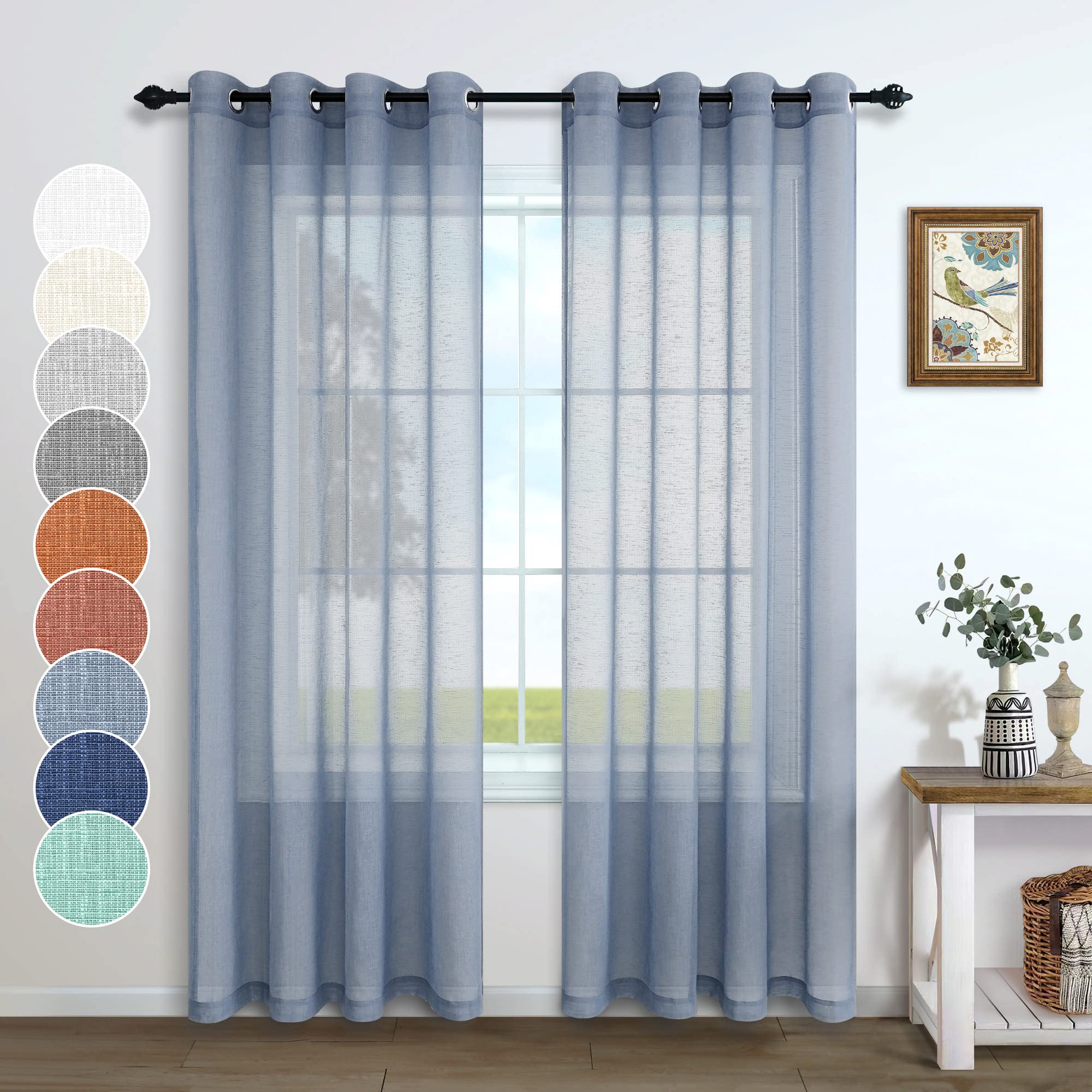 Dusty Blue Living Room Curtains 108 Inches Long 2 Panels Set Grommet Lightweight Voile Semi Sheer Weave Textured Natural Linen L