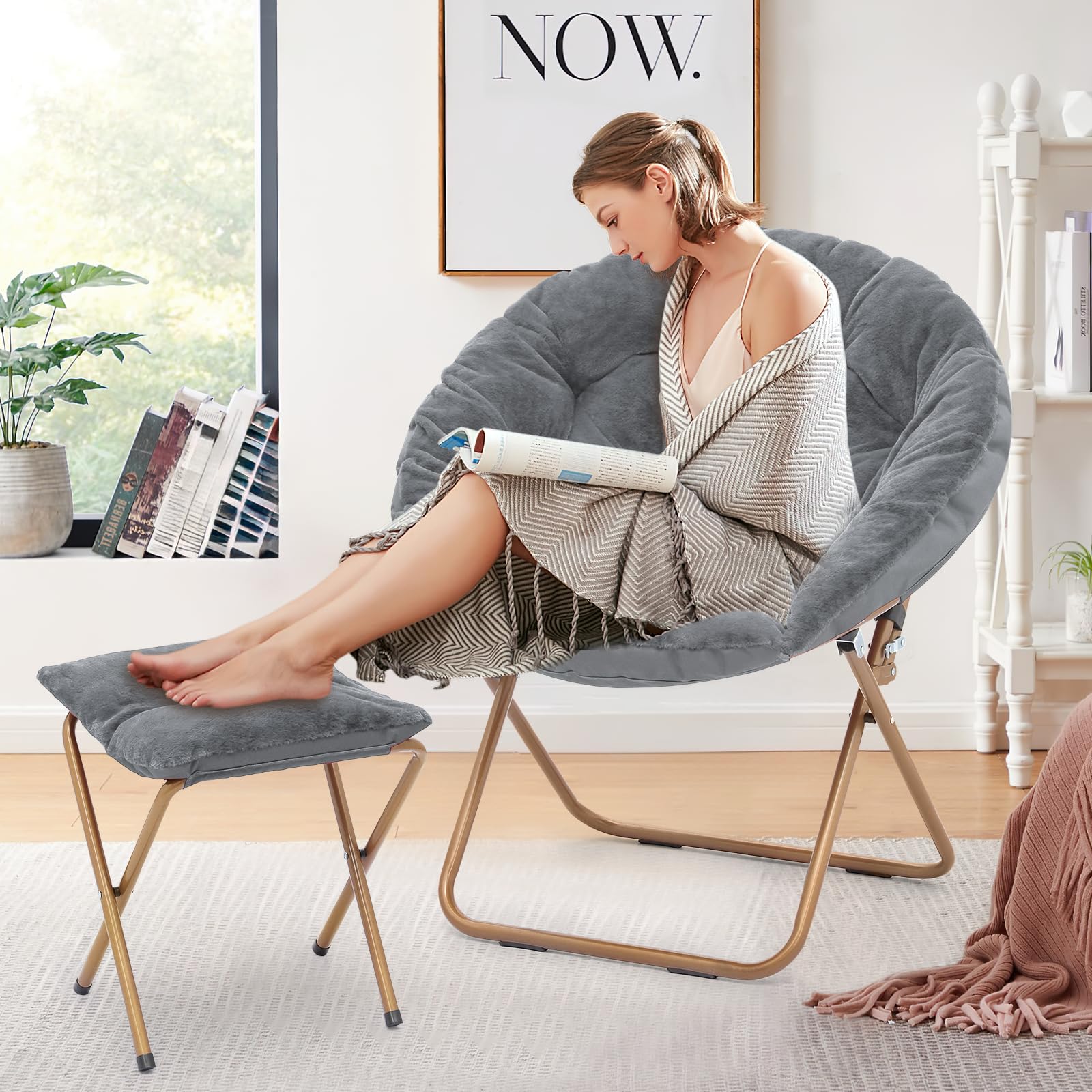 BRIGHTORIA Foldable Oversized Moon Chair with Footrest, Large Faux Fur Round Saucer Moon Chair with Folding Footrest Stool for T