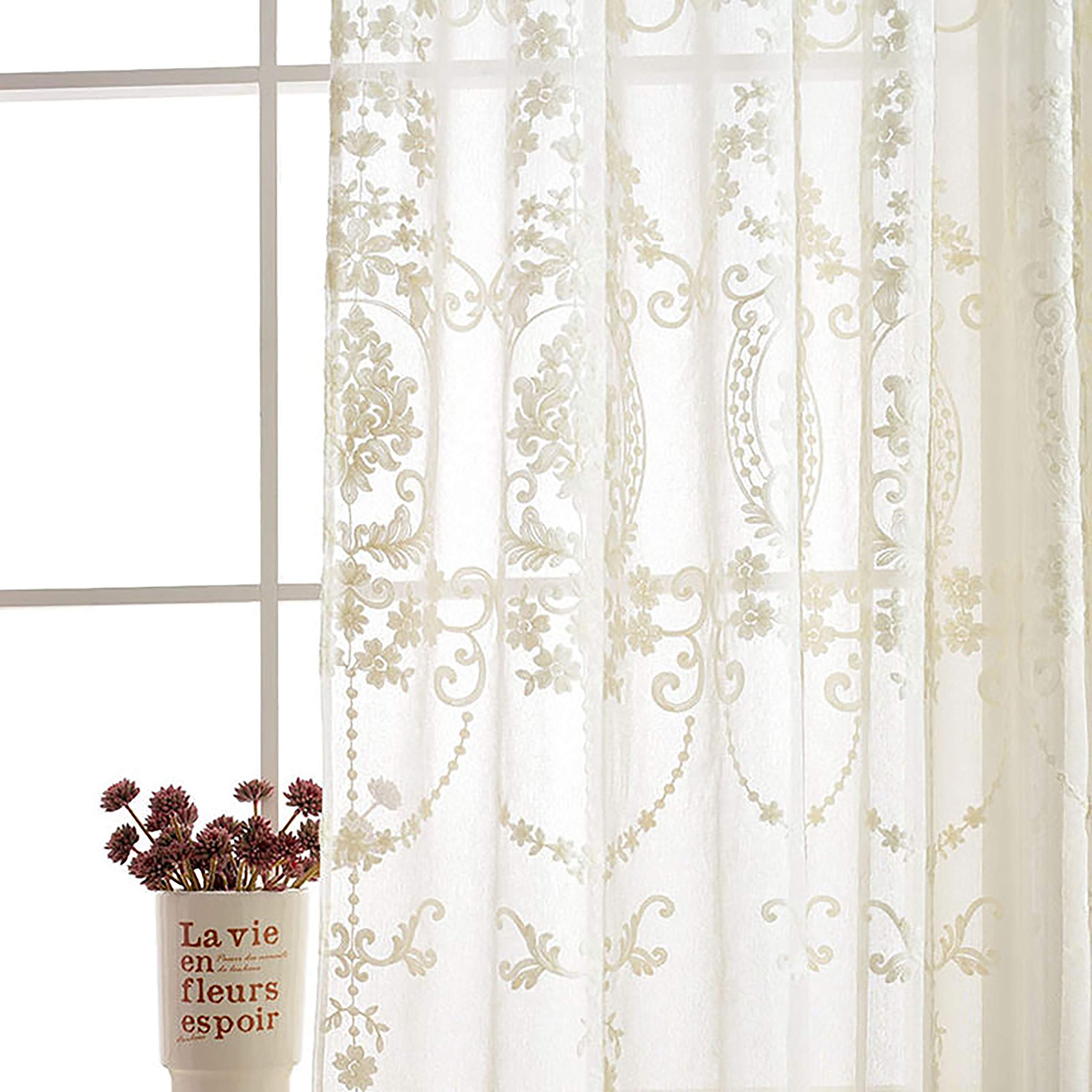 SLOW SOUL 2 Panels White European Style Sheer Curtain Embroidered Window Curtains Europe Floral Tulle for Living Room Bedroom wi
