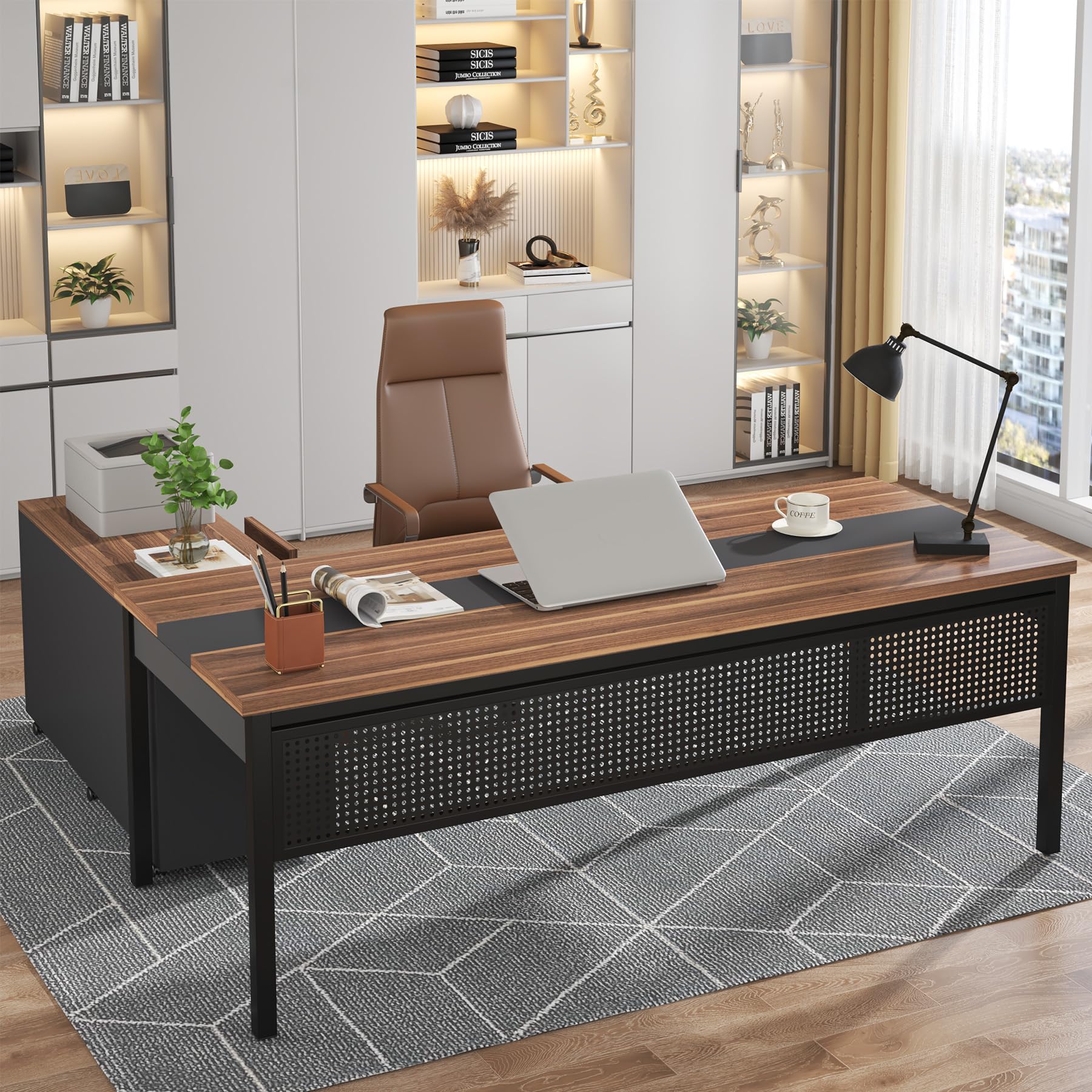 Tribesigns 70.8  Large Executive Office Desk and 47  Lateral File Cabinet Combo, L-Shaped Computer Desk 2 Piece Business Furnitu