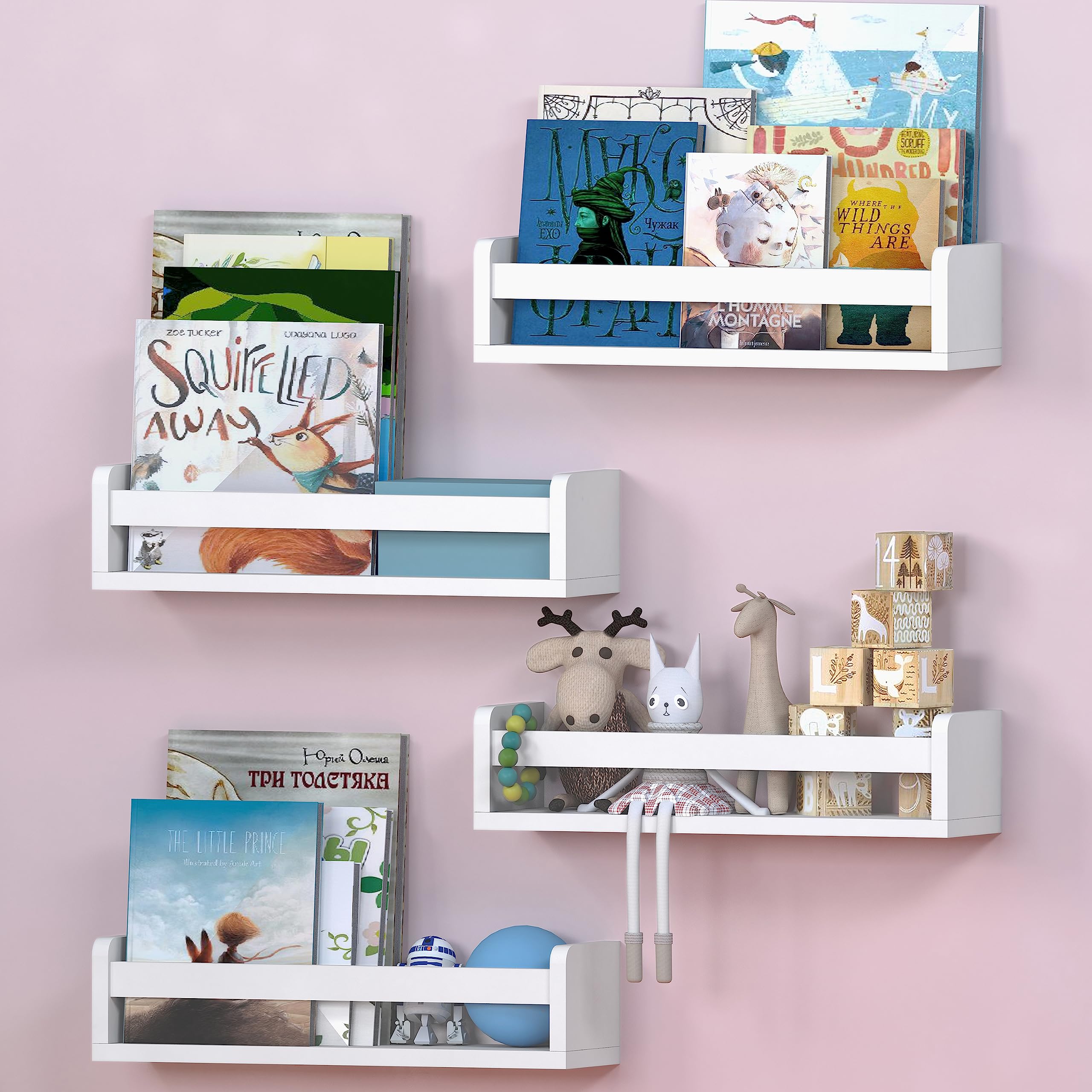 NATURE SUPPLIES Set of 4, White Floating Nursery Book Shelves, 16.4 Solid Wood Floating Bookshelves, Wall Book shelf for Kids Ro