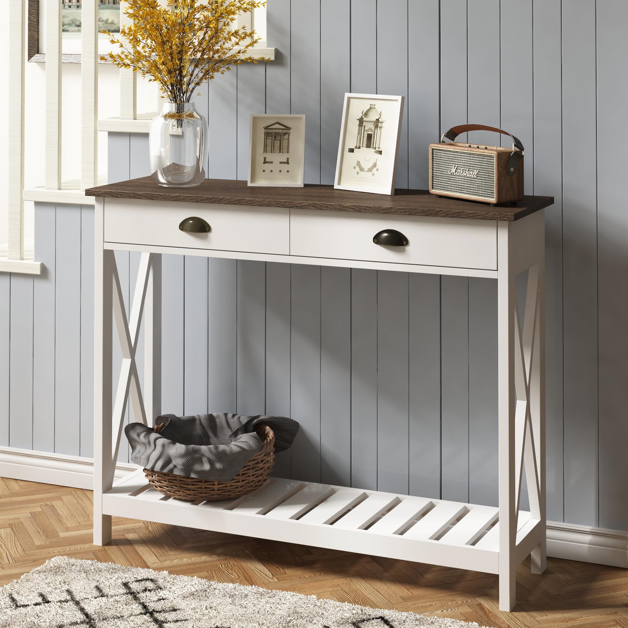 ChooChoo Farmhouse Console Table with Drawer for Entryway, Narrow Long Entry Table with Shelf for Living Room, Rustic Vintage Ha