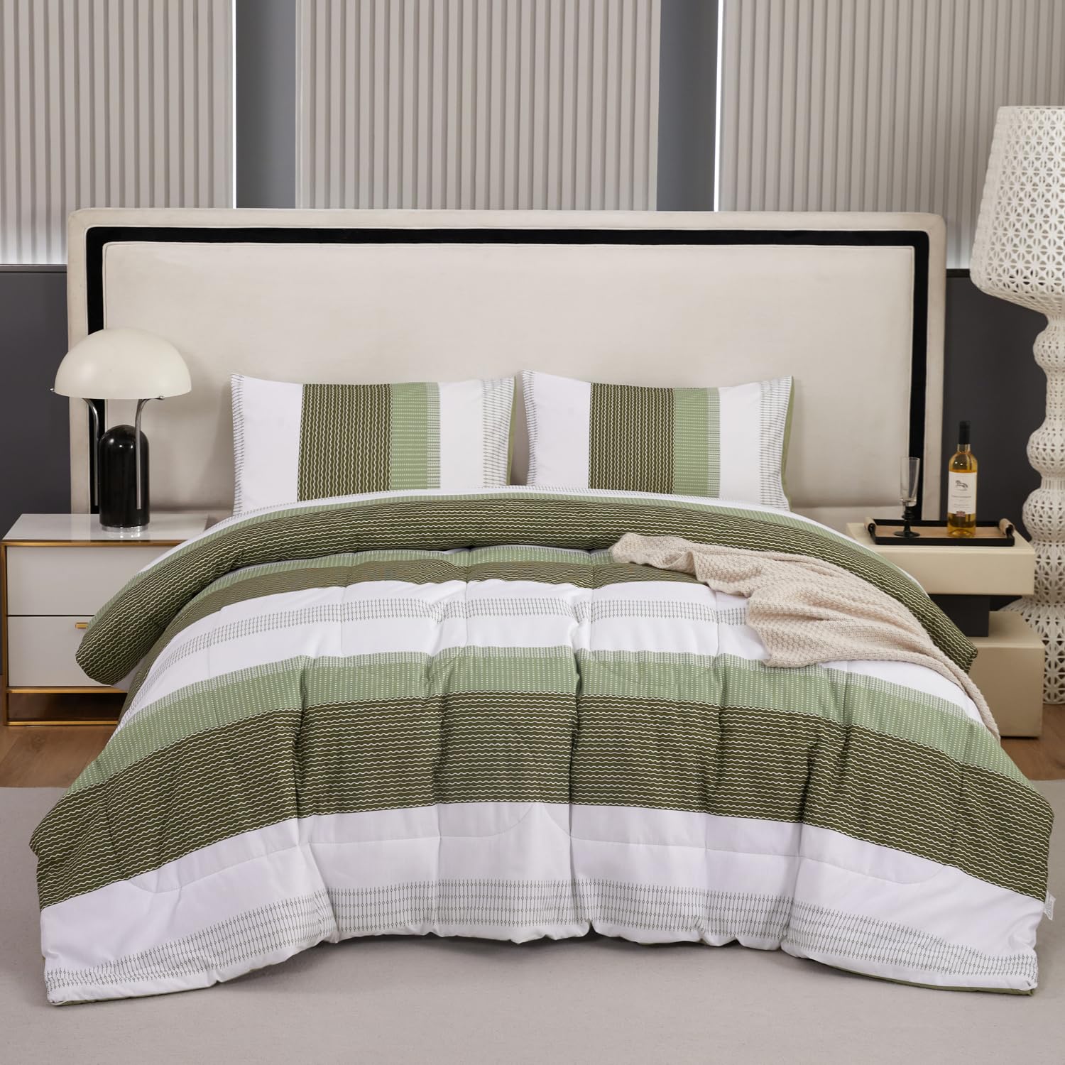 PERFEMET Full Size Comforter Sets - Olive Green Bedding Sets Full, Patchwork Striped Bedding Comforter Sets for Boys, 3 Pieces, 