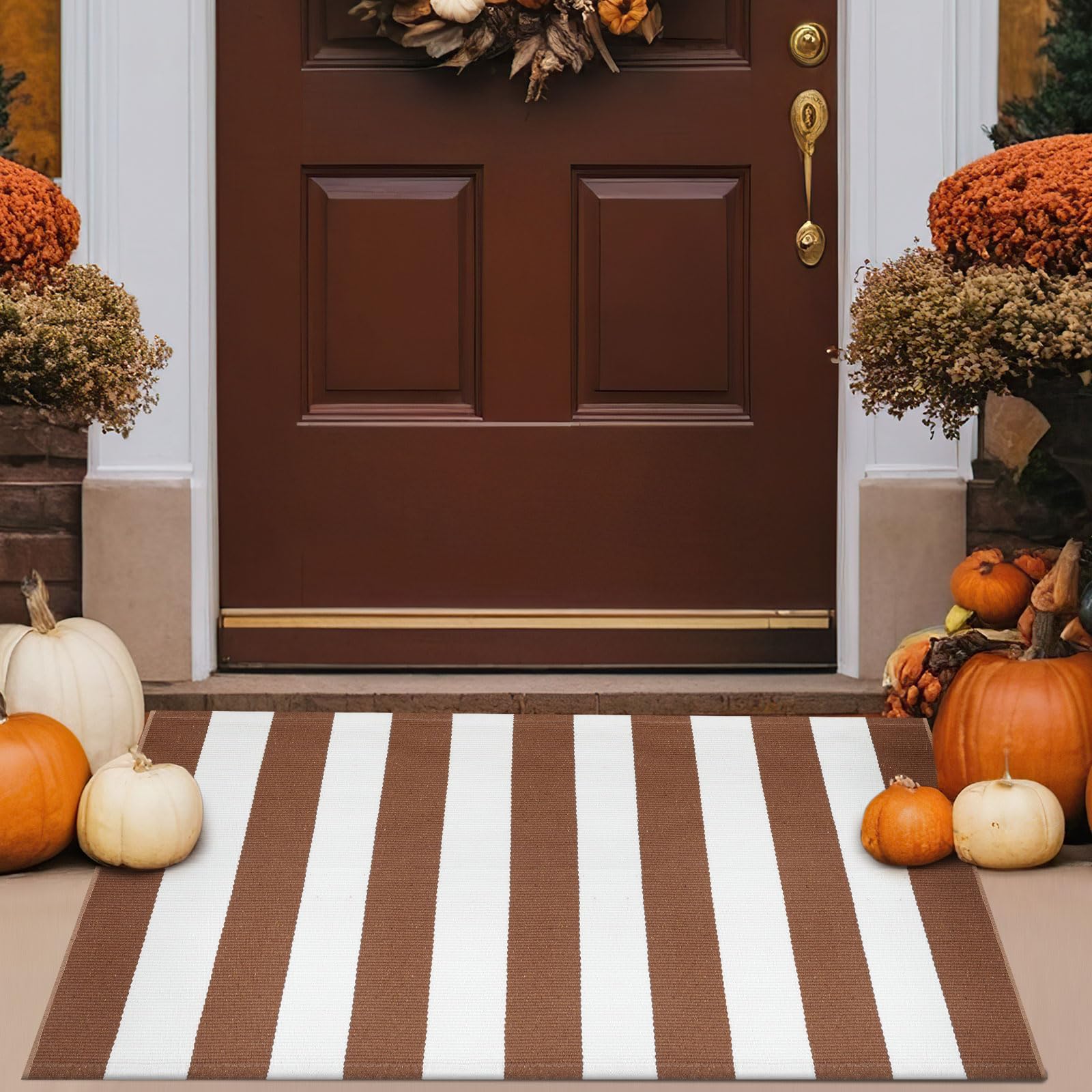 Duraaamo Thanksgiving Outdoor Rugs Front Porch 24 x 35 Inch Brown and White Striped Fall Area Rug Machine Washable Farmhouse Doo