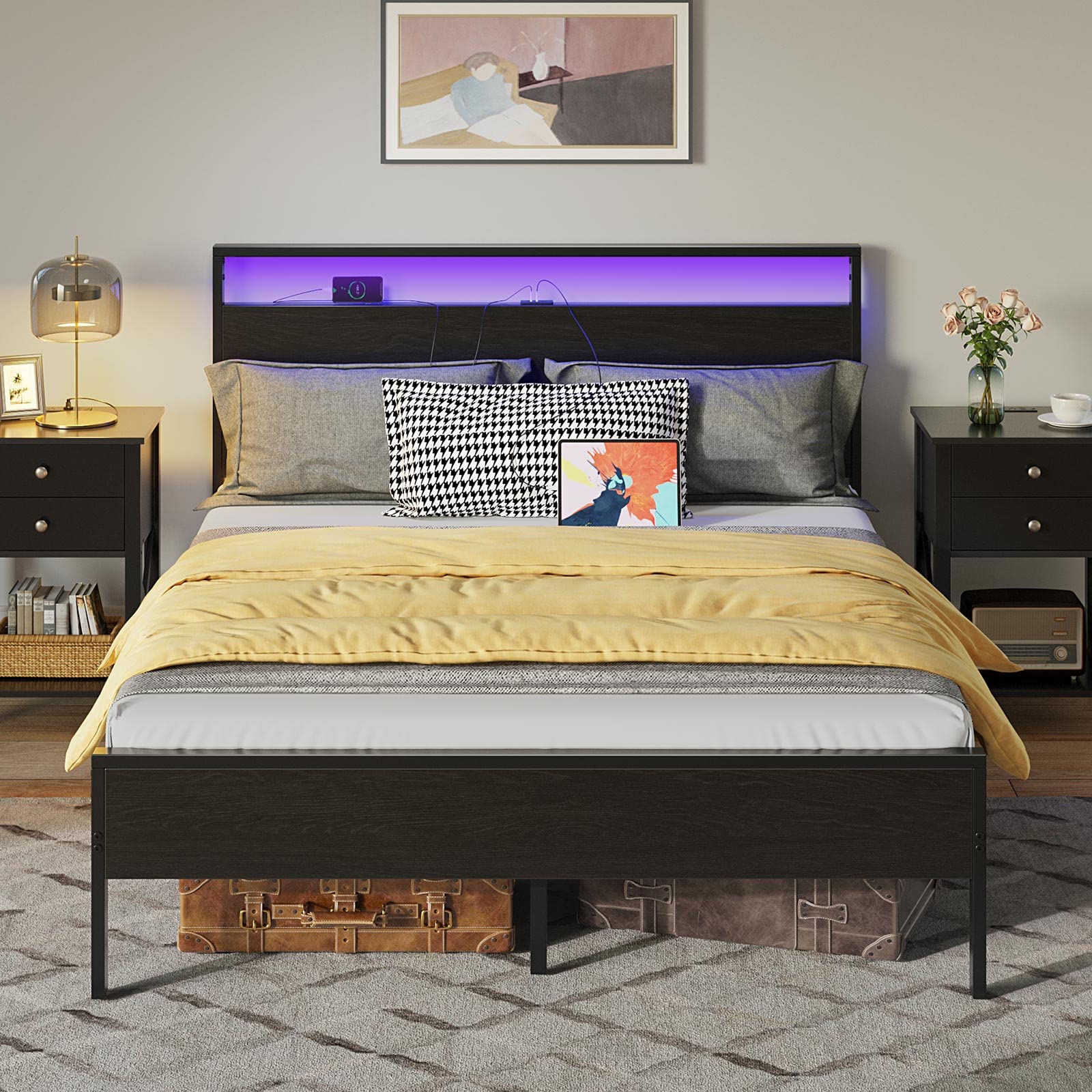 Rolanstar Full Bed Frame with Headboard, Bed Frame Full with LED Lights, Camas Full Size Bed with Charging Station, Solid Metal 