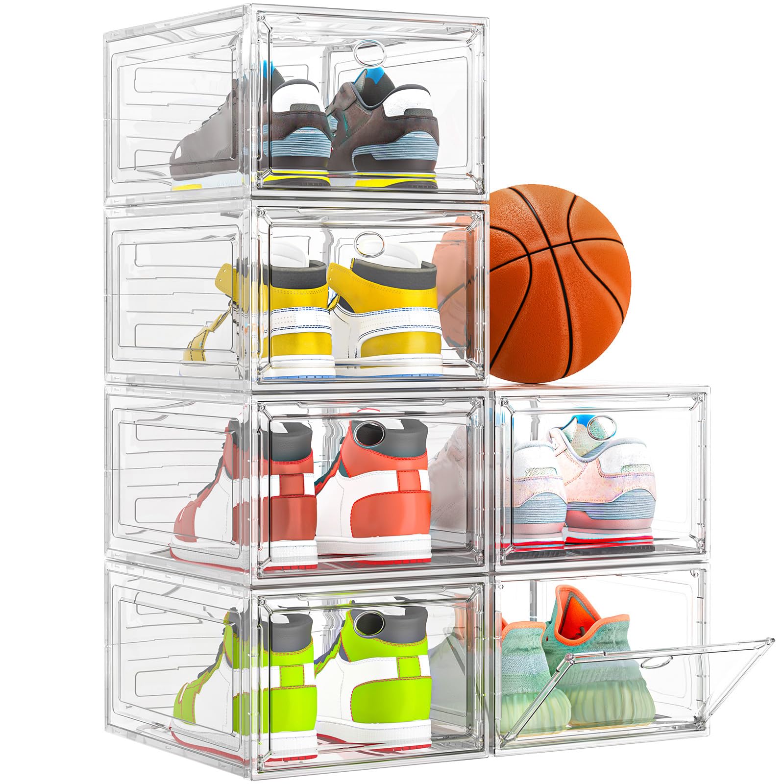 Thicken & Sturdy Clear Shoe Storage Organizer with Magnetic Door, Stackable Boxes for Closet, Foldable Space-Saving Shoe Rack fo