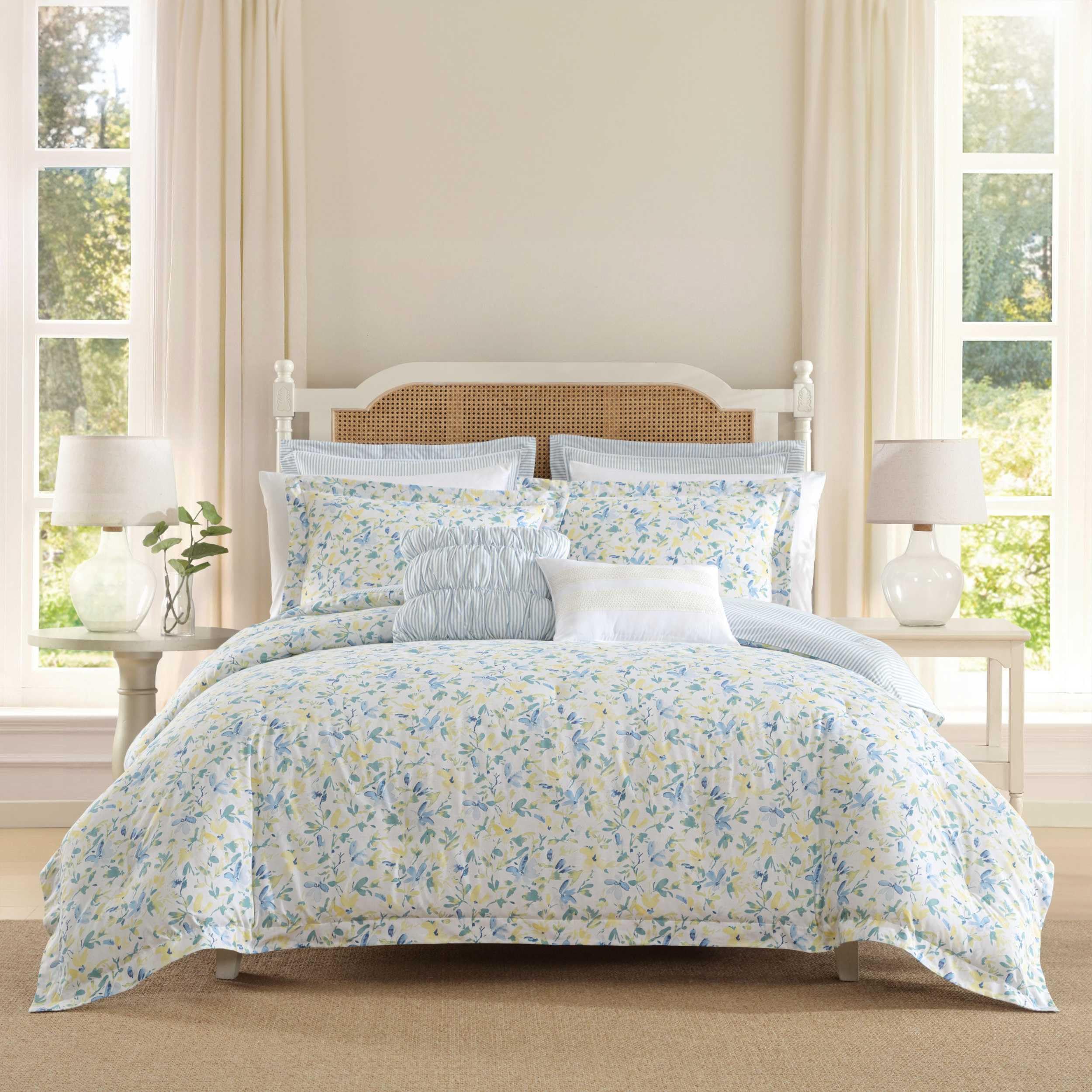 Laura Ashley Comforter, Soft Reversible Bedding Set, Includes Matching Bonus Euro Shams & Throw Pillows, Twin, Nora Blue/Yellow/