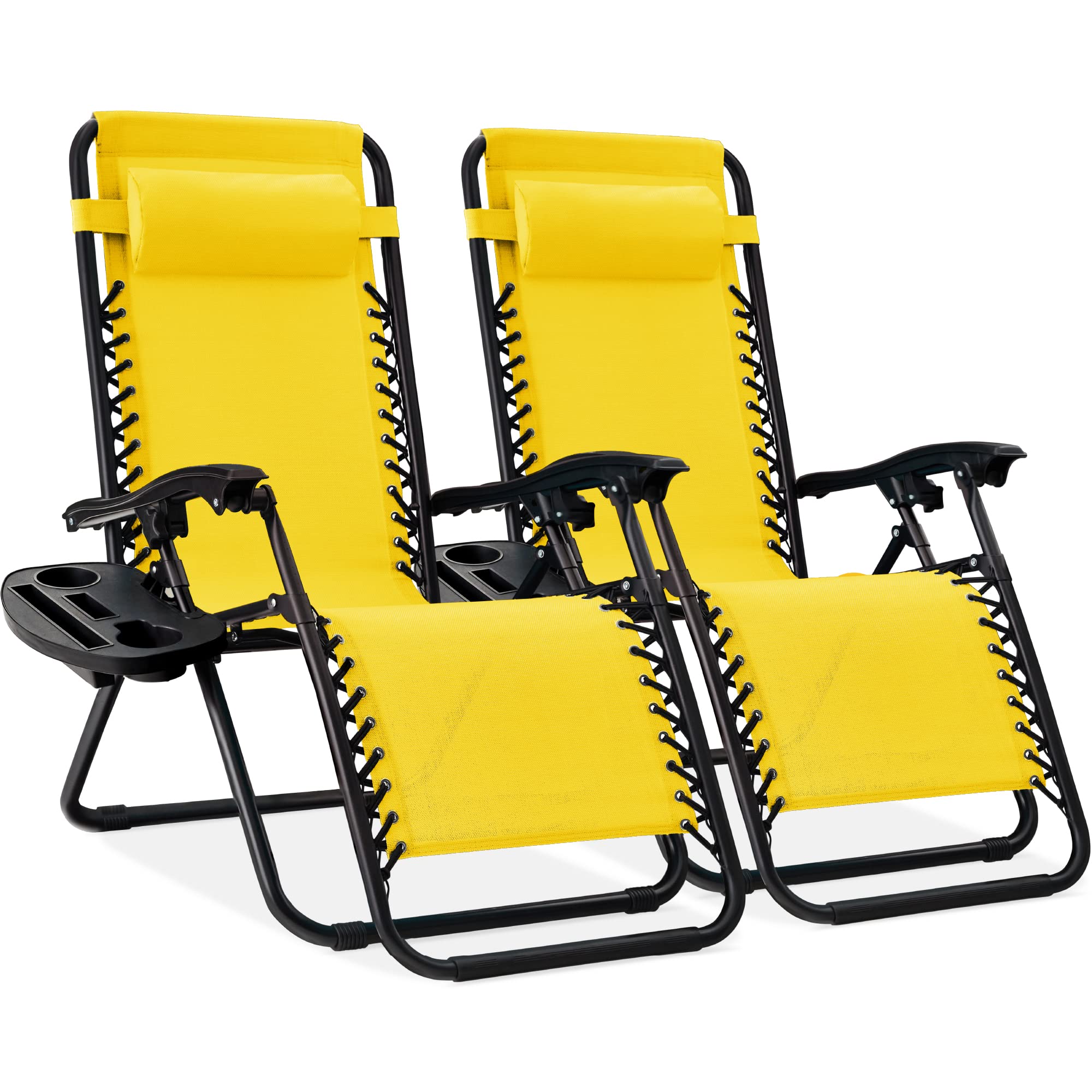 Best Choice Products Set of 2 Adjustable Steel Mesh Zero Gravity Lounge Chair Recliners w/Pillows and Cup Holder Trays - Sunflow
