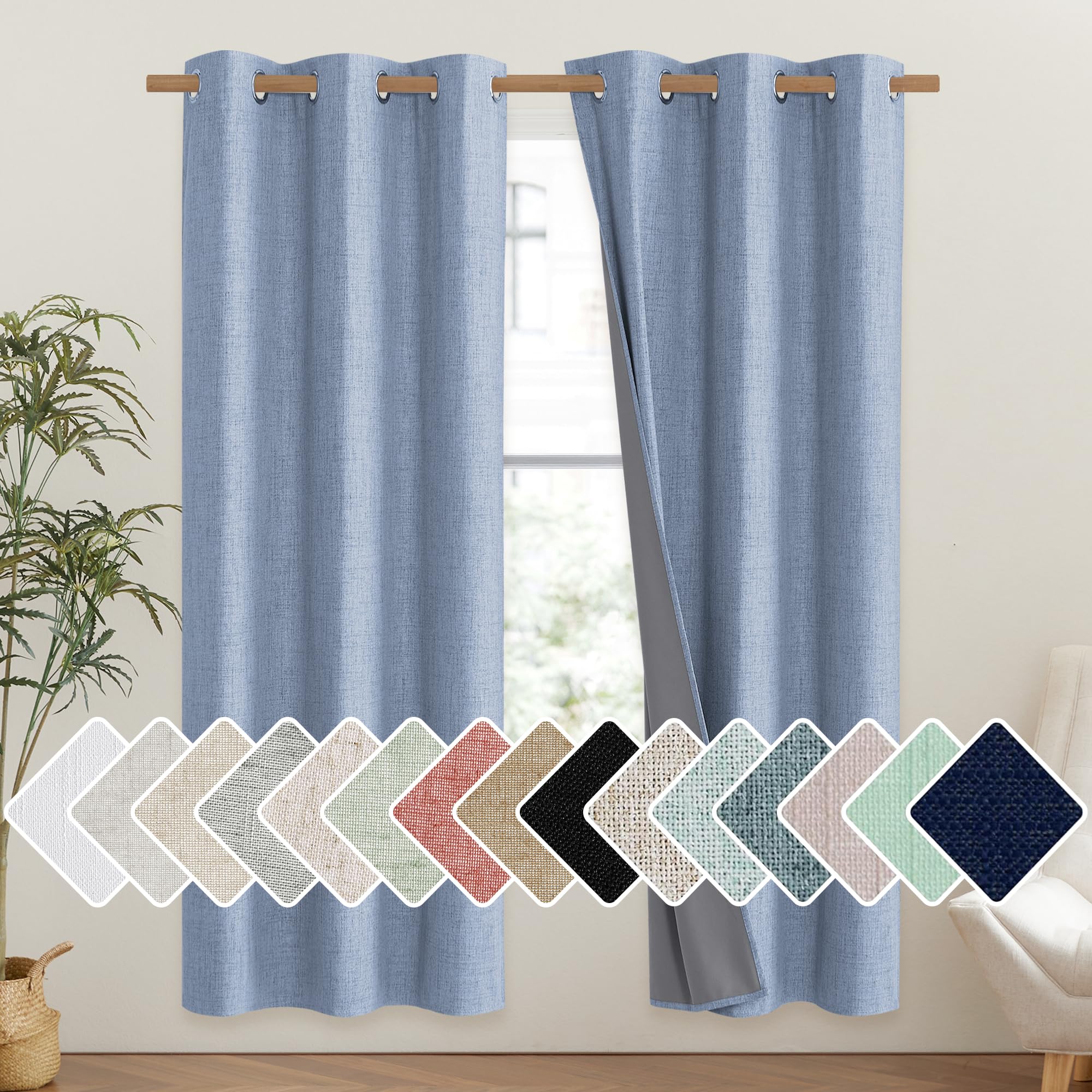 NICETOWN Stone Blue Vintage Linen 100% Blackout Curtains for Classroom, Thermal Insulated Curtains 72 Long, Noise Reducing Windo