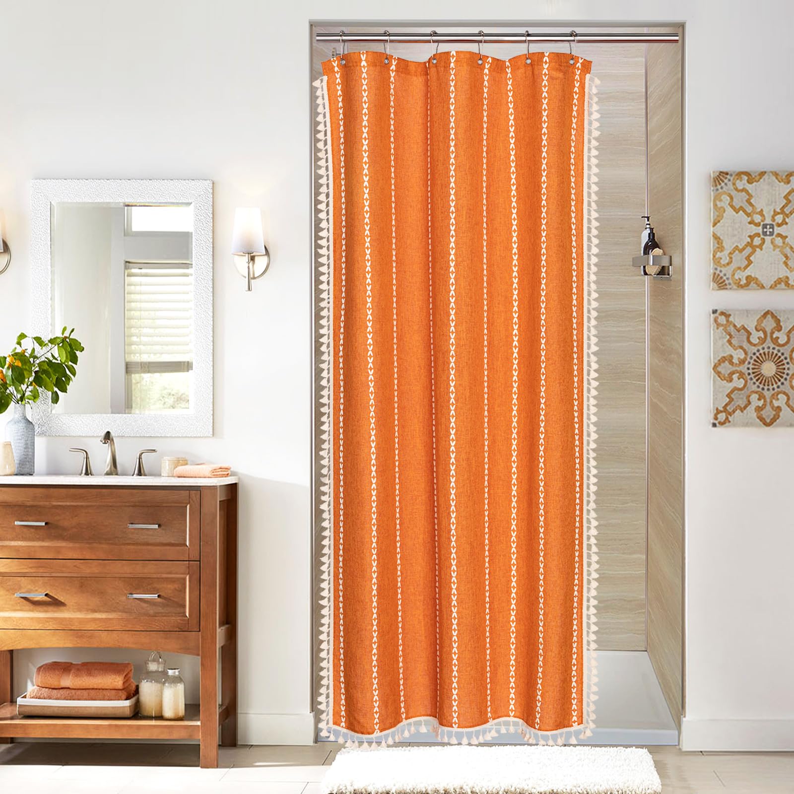MitoVilla Orange Small Stall Shower Curtain 36 x 72, Half Size Narrow Cotton Linen Heavy Fabric Shower Curtains for Boho Farmhou