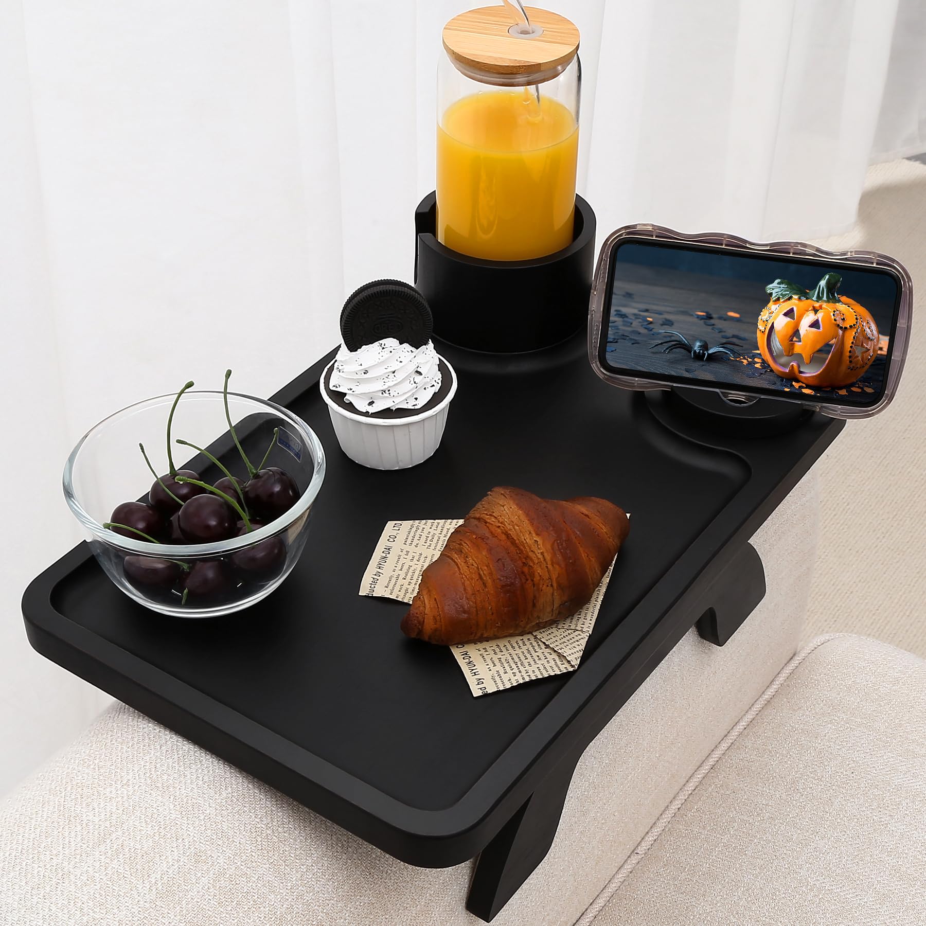 Nnewvante Couch Cup Holder,3 in 1 Large 15.36x9.85 Bamboo Couch Arm Table Sofa Arm Clip on Tray with 360Rotated Phone/Drink Hold