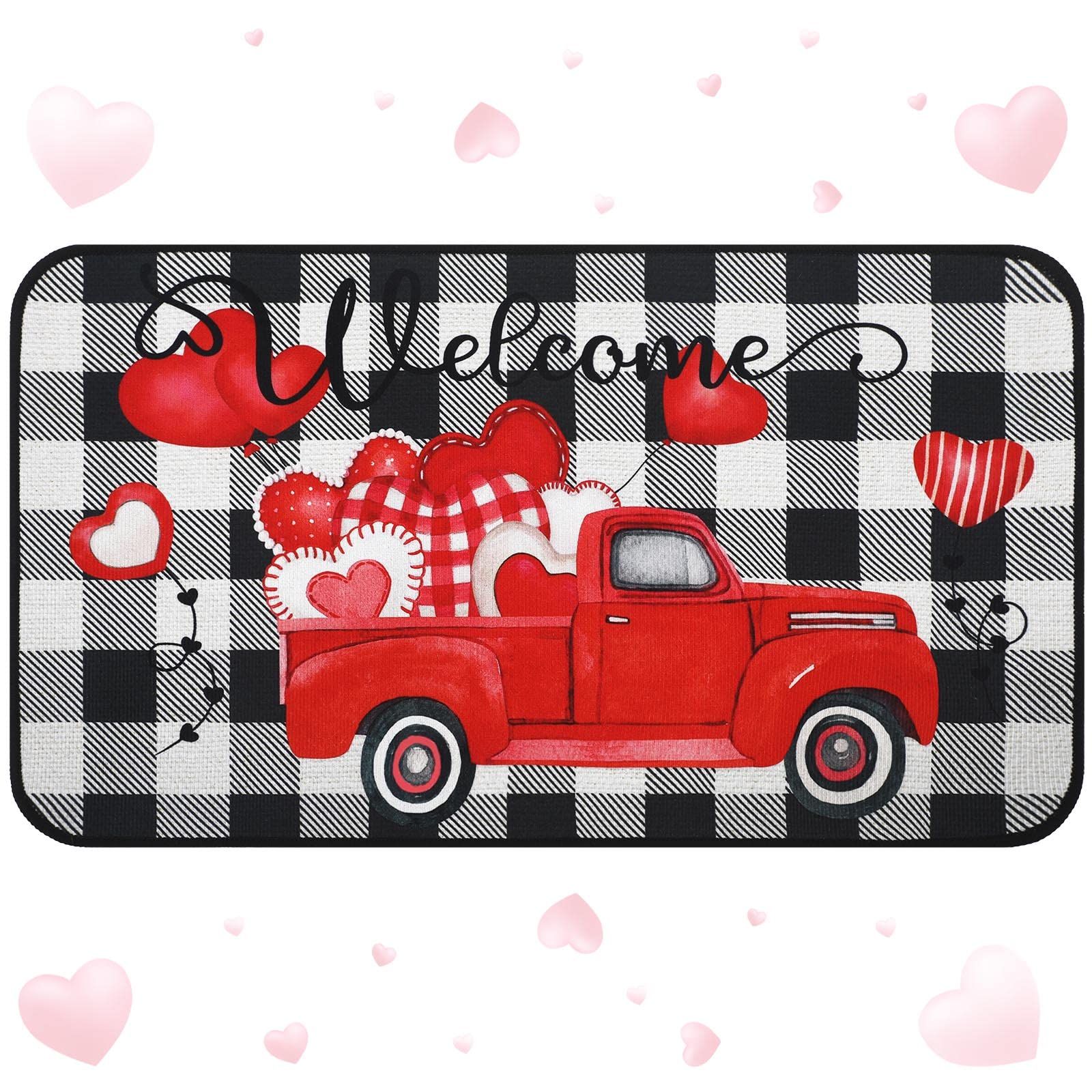 Zhanmai Valentines Day Welcome Mats Buffalo Plaid Doormat Red Heart Welcome Mat Indoor Entrance Cute Decorative Outdoor Doormats