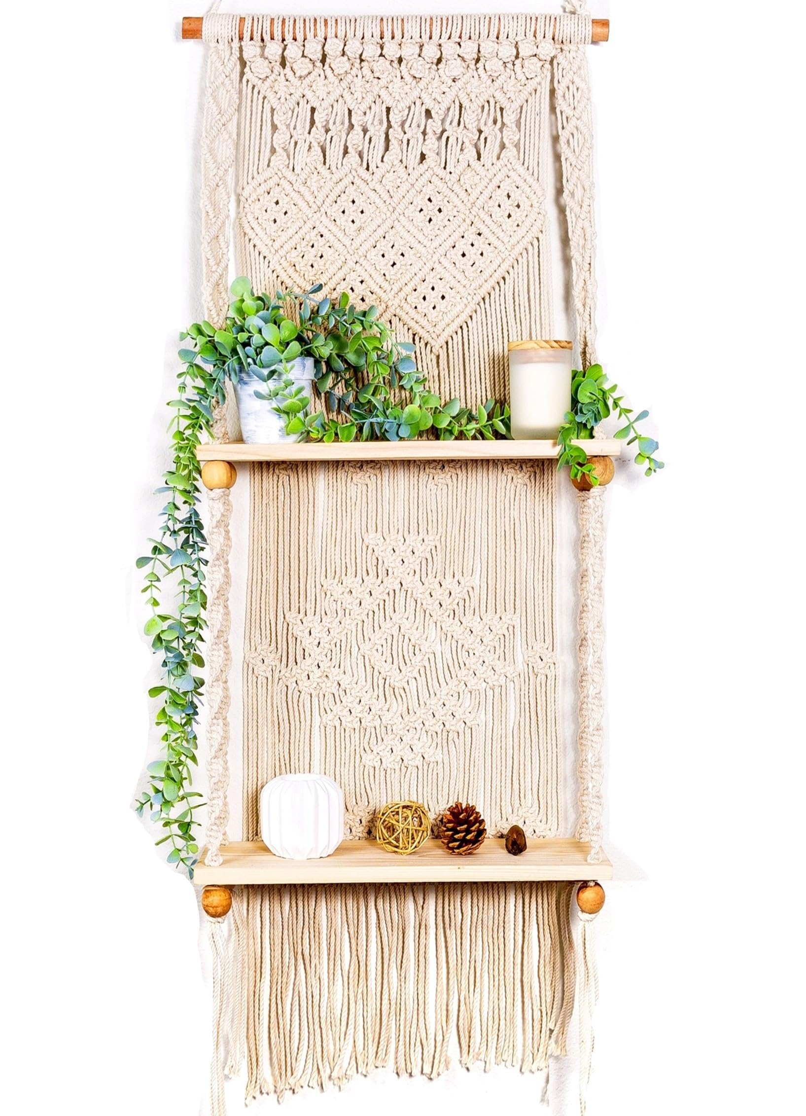Induslyfe Macrame Wall Hanging Shelf 2 Tier Boho Wall Plant Hanger Shelves, Handmade of Woven Rope Boho Shelves Organizer for Li