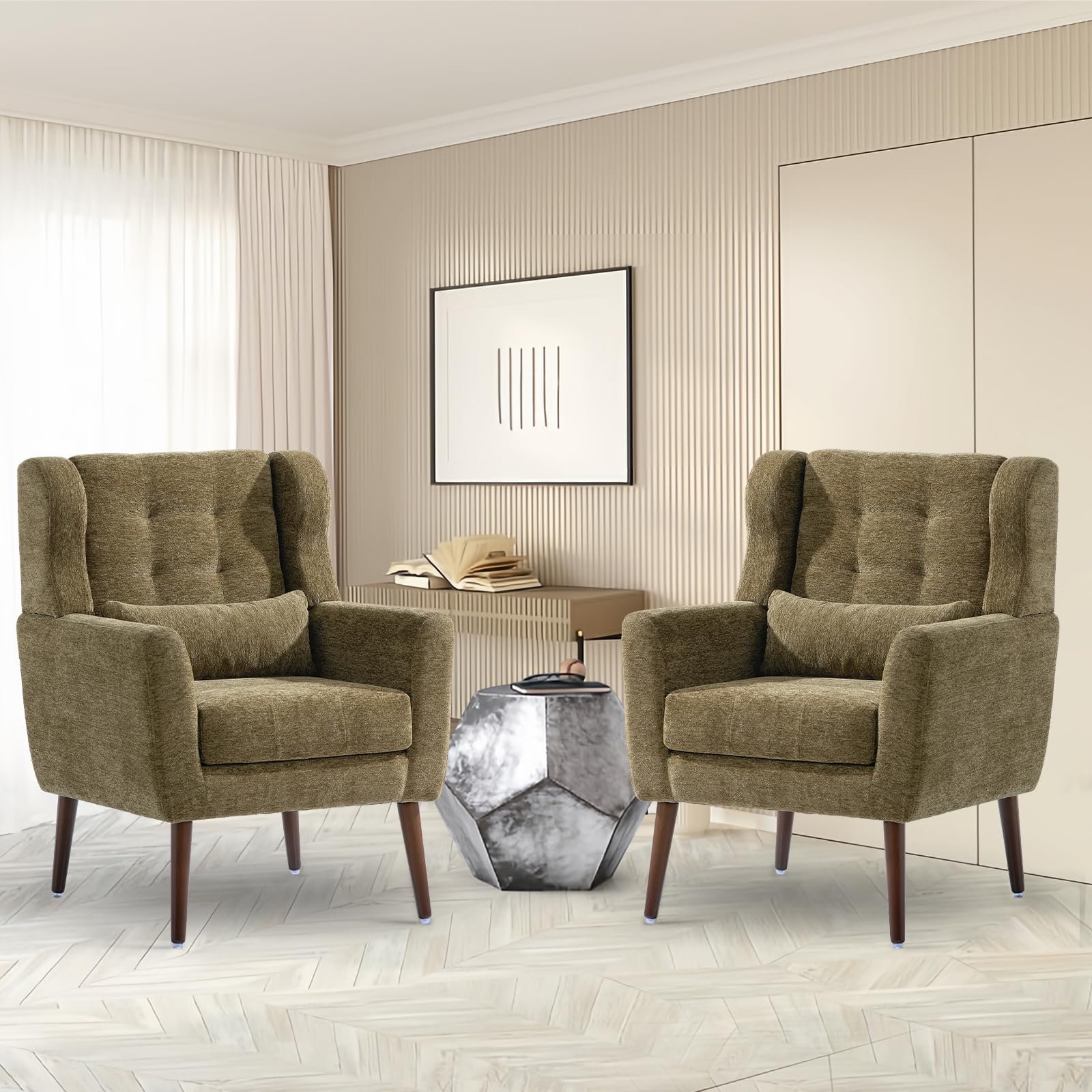 cinkehome Accent Chairs Set of 2 for Living Room, Chenille Upholstered Mordern Armchair, Comfy Soft Lounge Reading Arm Chair in 