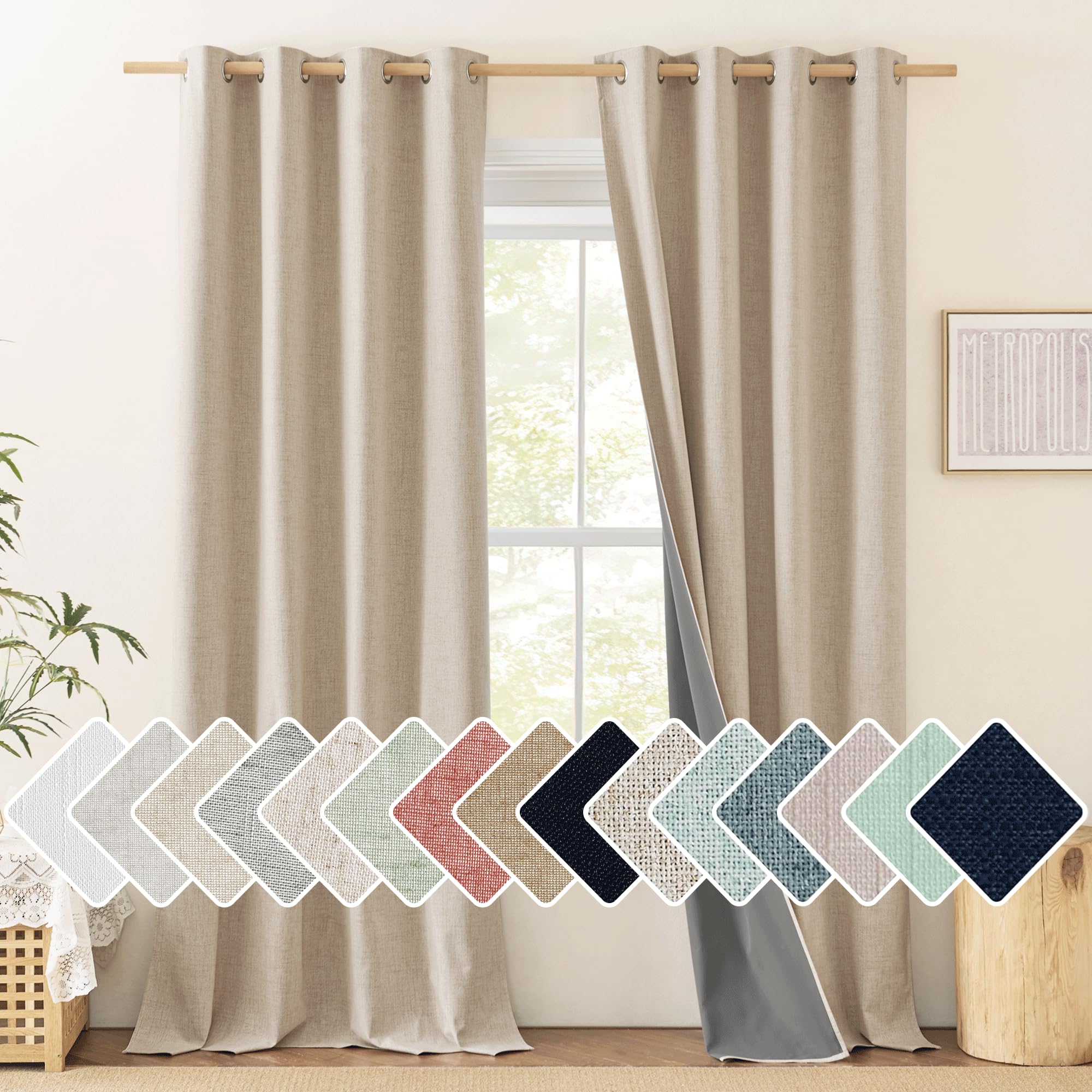 NICETOWN Full Blackout Oatmeal Linen Curtains 102 Length with Thermal Insulated Liners for Living Room, 2 Panels, 52 inches W, F
