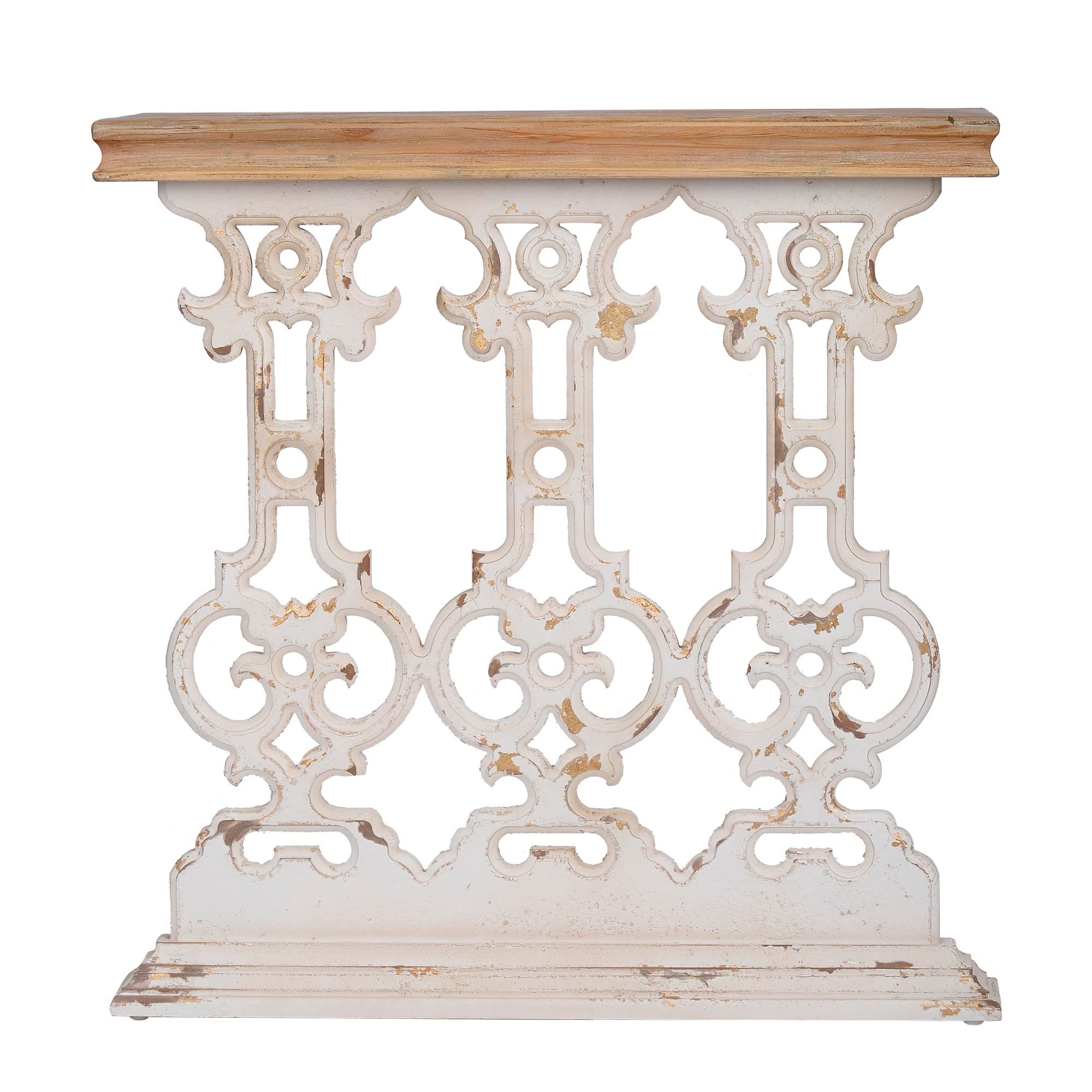 Benjara 32 Inch Console Table, Fir Wood, Traditional, Scrollwork, Brown and White