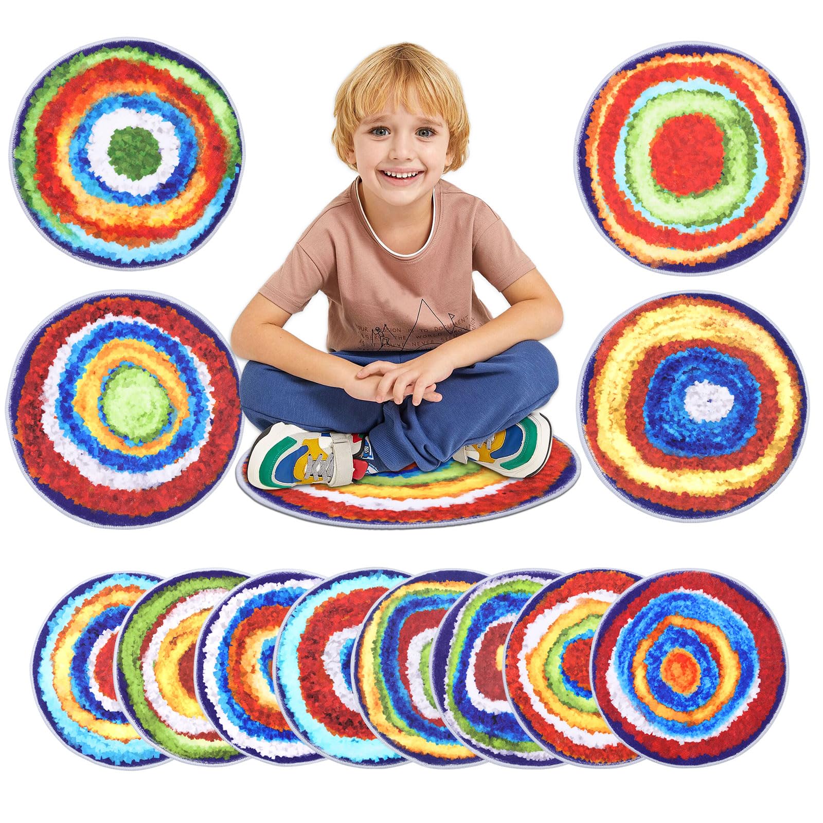 HiiARug Carpet Circles Kids Rug 16 Rainbow Crazy Carpet Circle Seats Pre-School Classroom Accessories 12pcs Round Carpet Seats G
