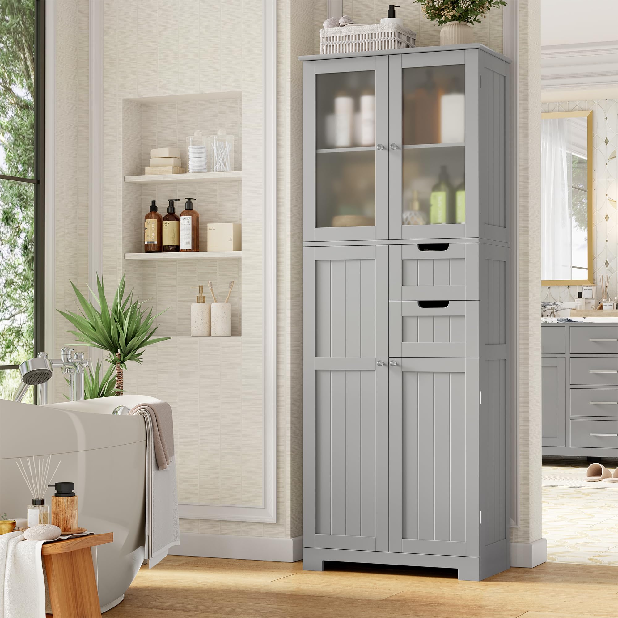 BOTLOG 67   Tall Storage Cabinet, Bathroom Storage Cabinet with Frosted Glass Doors and Wood Drawers, Kitchen Pantry with Adju