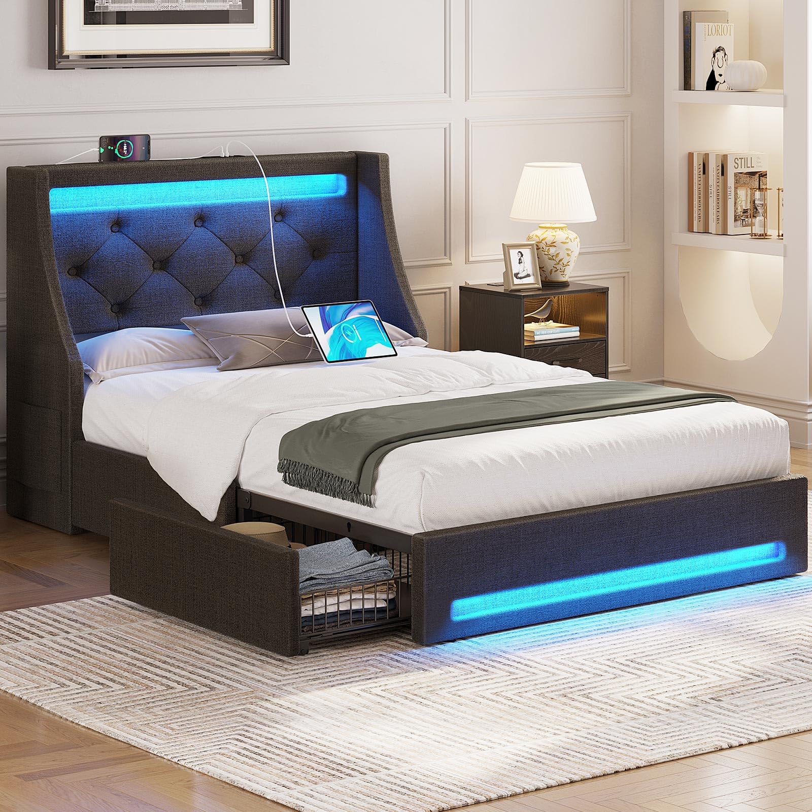 Rolanstar Twin Bed Frame with LED Lights and Charging Station, Upholstered Bed with Drawers, Wooden Slats, Noise Free, Easy Asse