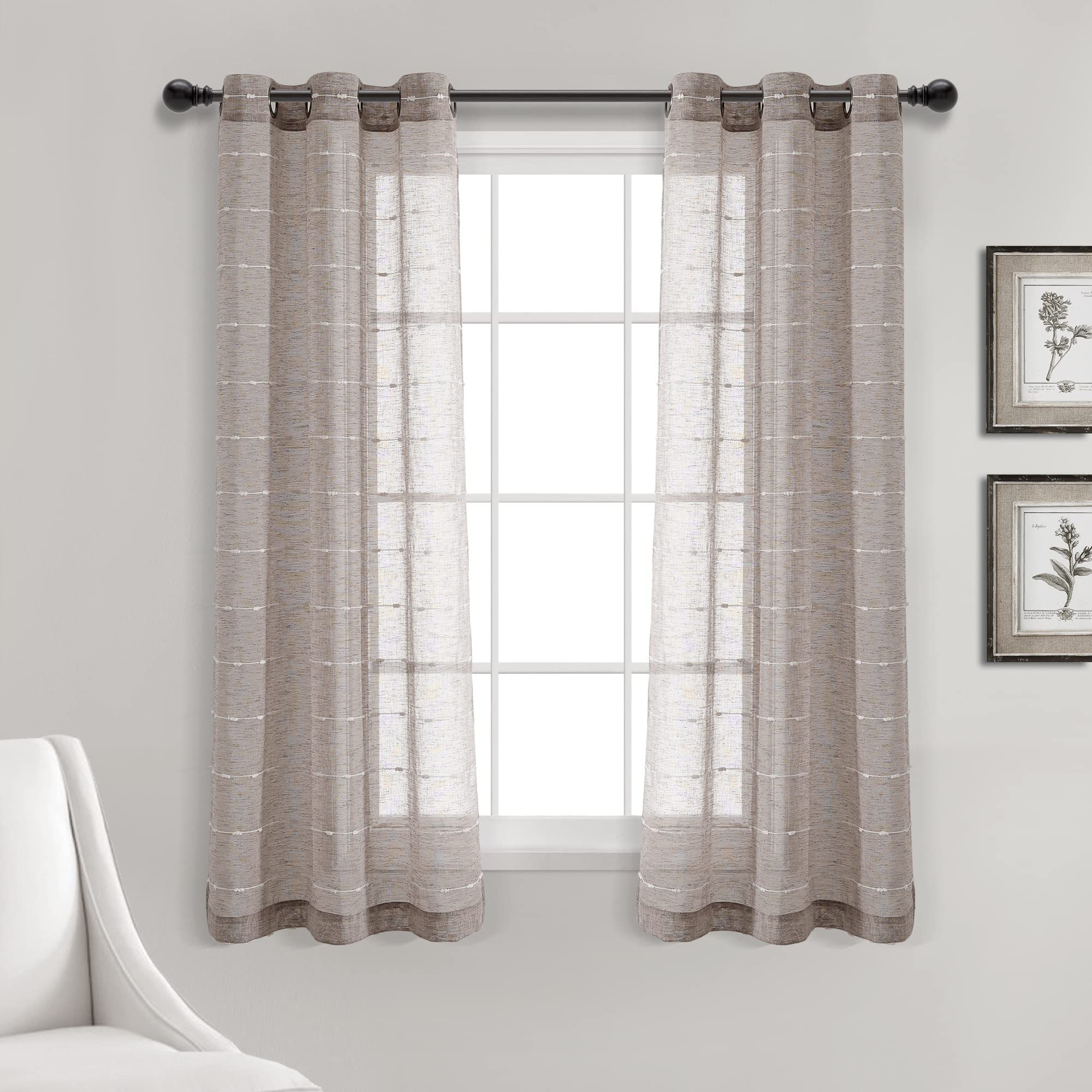 Lush Decor Farmhouse Textured Grommet Sheer Window Curtain Panel Pair, 38W x 63L, Brown