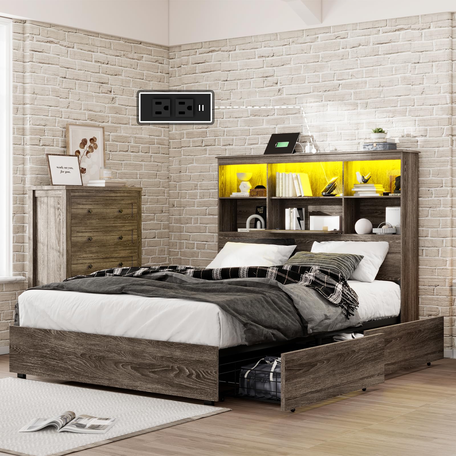 LUXOAK King Size Bed Frame with LED Bookcase Headboard, Wooden Storage Bed with Charging Station & 4 Drawers, No Box Spring Need