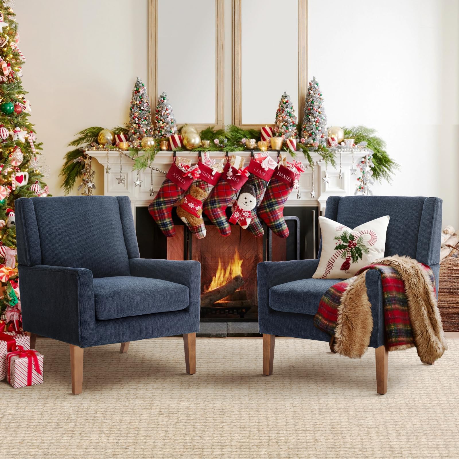 COLAMY Modern Wingback Living Room Chair Set of 2, Upholstered Fabric Accent Armchair, Single Sofa Chair with Lounge Seat and Wo