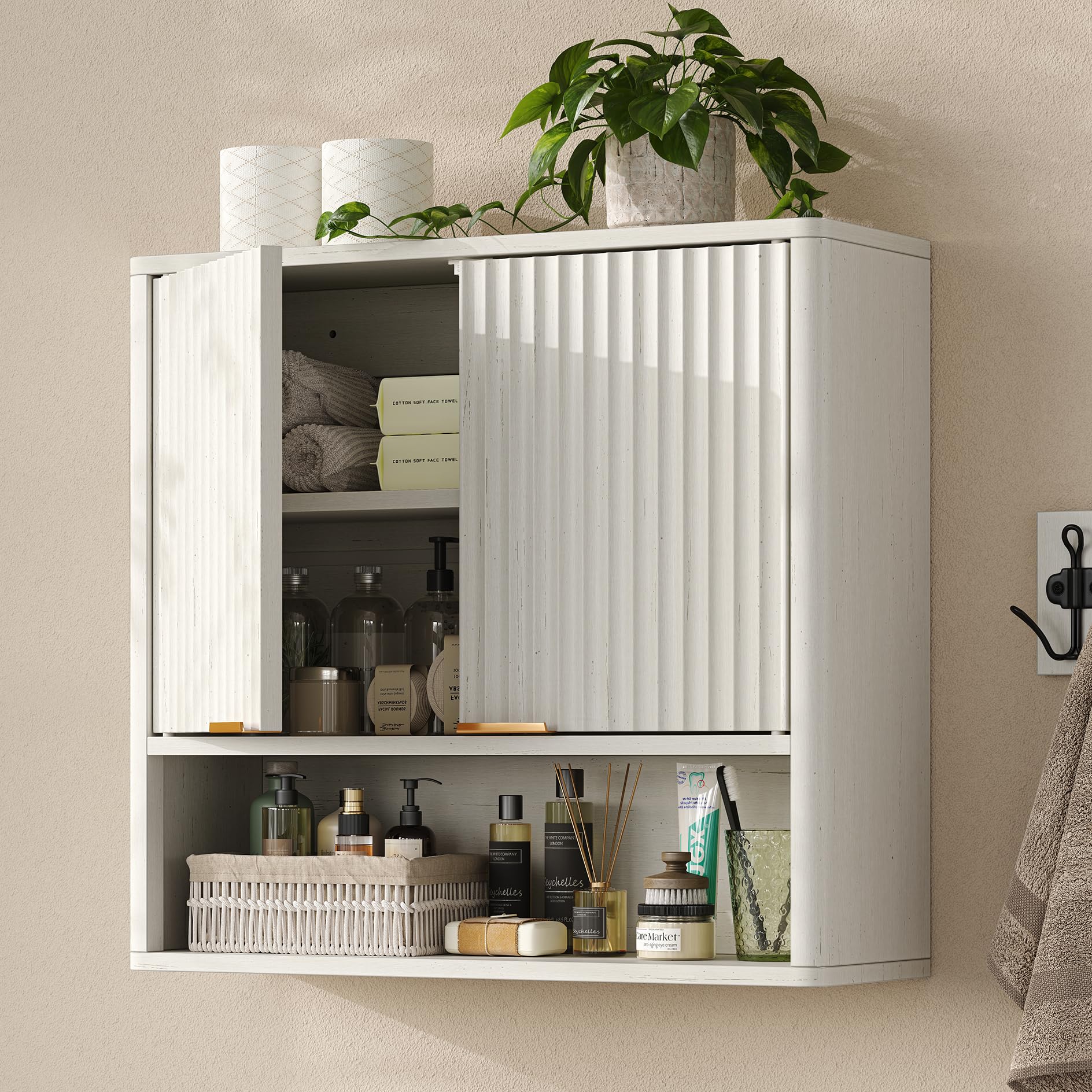 Furnideco 31W Over Toilet Storage Cabinet Modern Above Toilet Shelf Cabinet with Fluted Doors & Toilet Paper Storage Holder fo