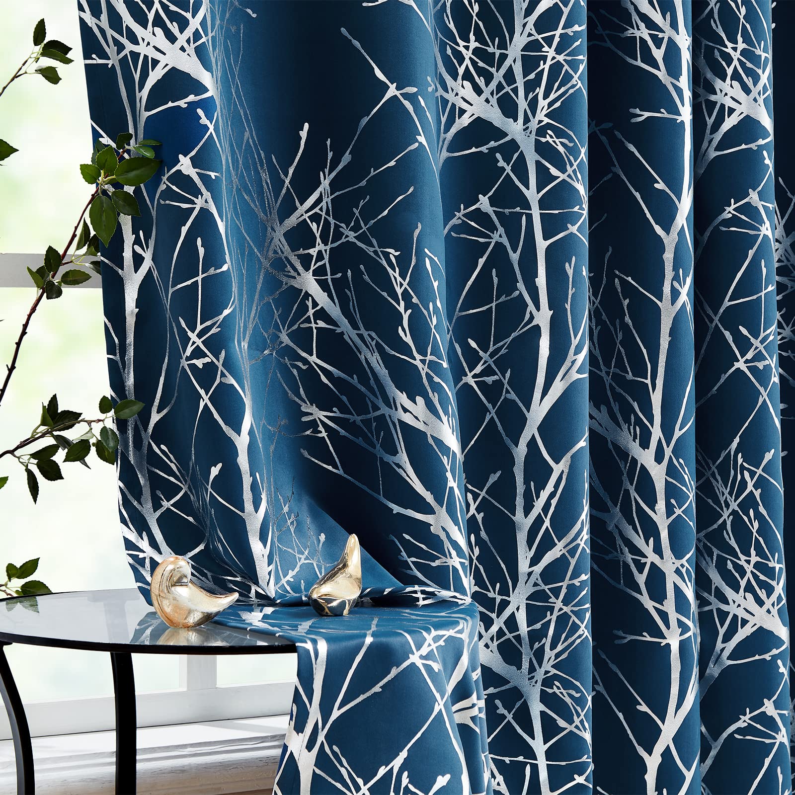 FMFUNCTEX Silver Branch Blackout Curtains Blue for Bedroom Living Room 96 Length Metallic Print Tree Curtain Panels Energy Effic