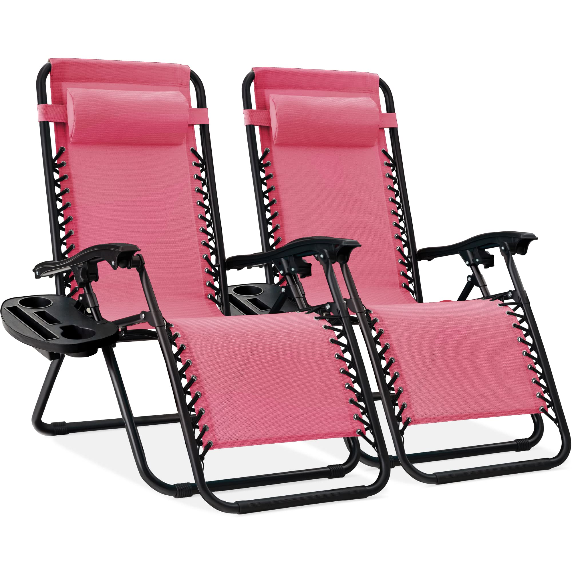 Best Choice Products Set of 2 Adjustable Steel Mesh Zero Gravity Lounge Chair Recliners w/Pillows and Cup Holder Trays - Pink