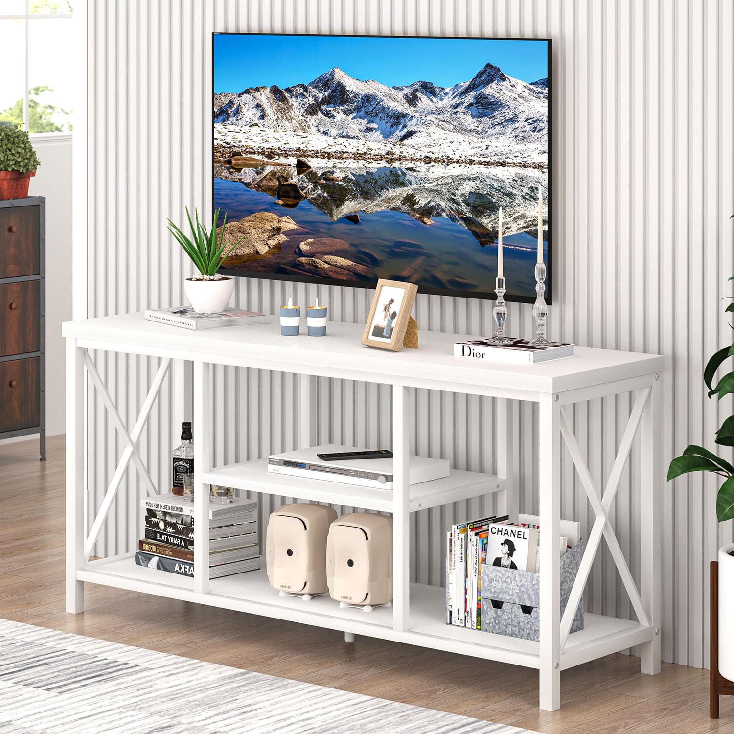 EXCEFUR Modern White TV Stand with Storage Shelves, Entertainment Center for TV up to 55 inch, Media TV Console Table and TV Cab