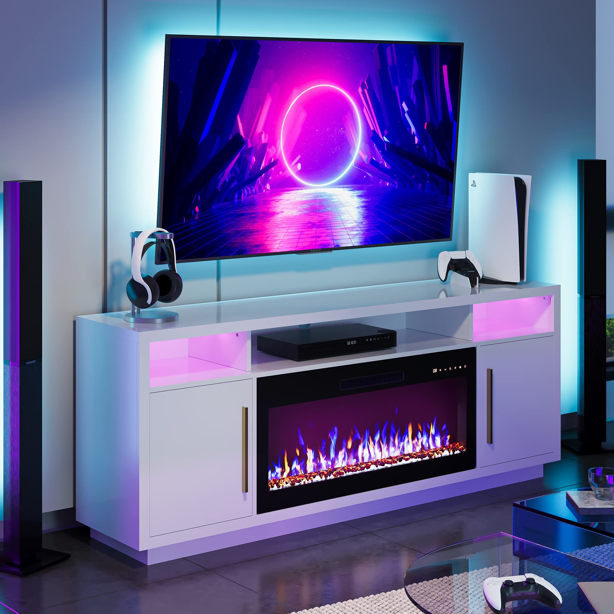 BELLEZE 70 Fireplace TV Stand for TVs Up to 75, LED Light Entertainment Center with 36 Electric Fireplace Heater, Storage Cabine