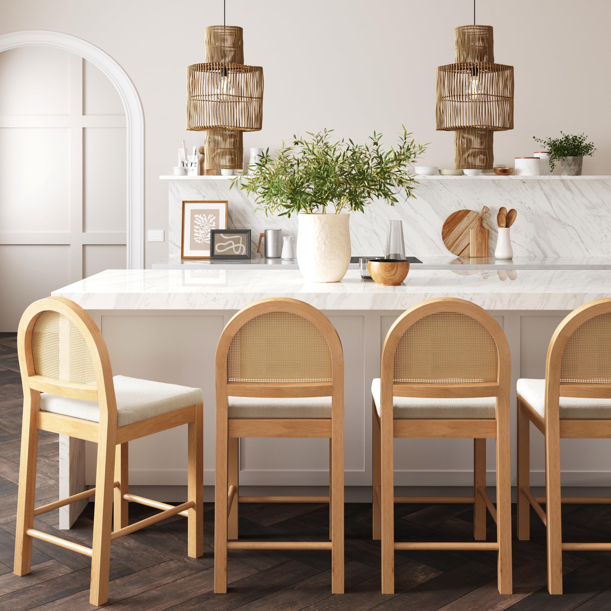 Nathan James Bailey Upholstered Rattan Bar Stool in Oak Finish Frame, Counter Height Stool with Natural Rattan Woven Back For Ki