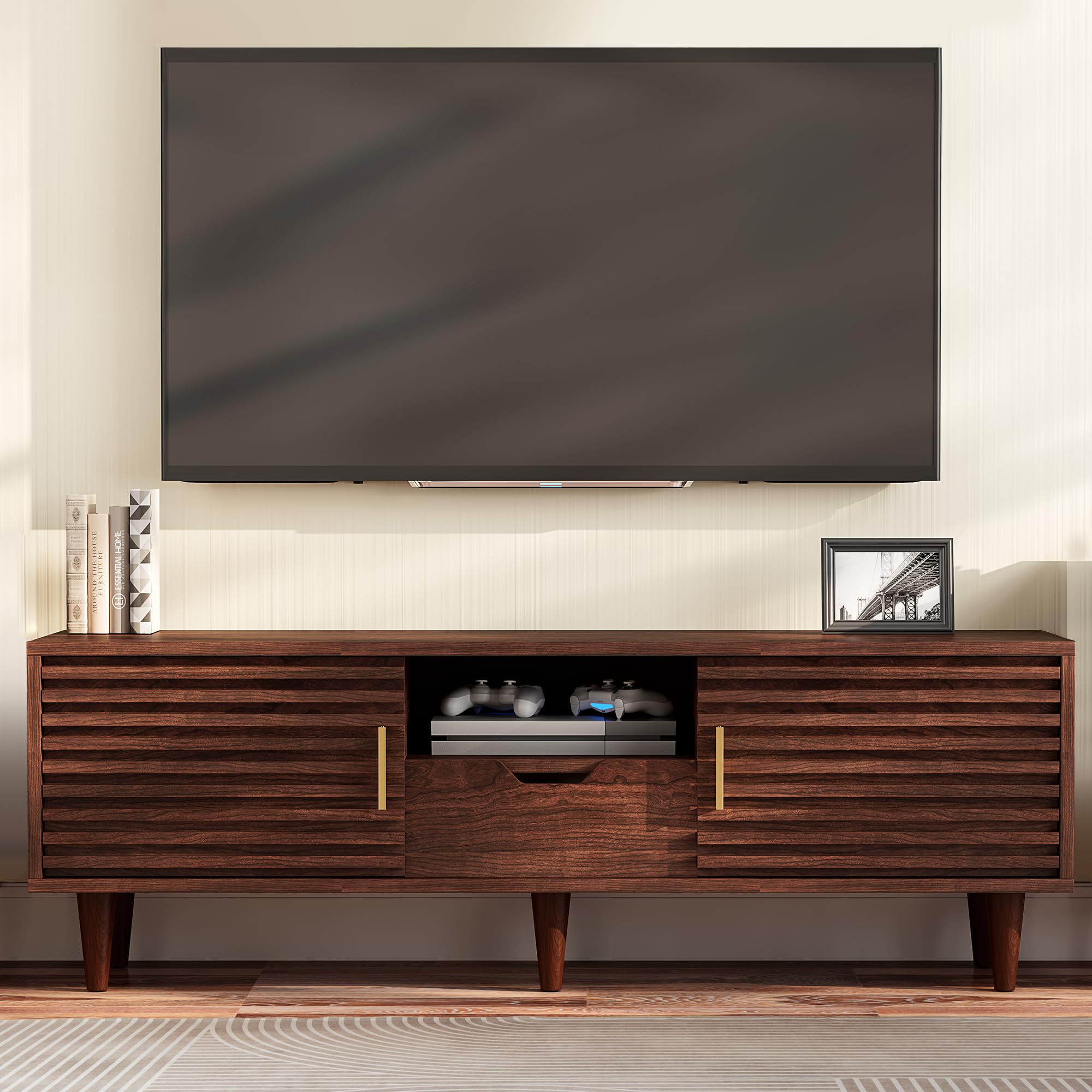 Whalefall Mid Century TV Stand for 65+ Inch TV, Entertainment Center with Sliding Door, Drawer, Storage Shelves, Mid Century Mod