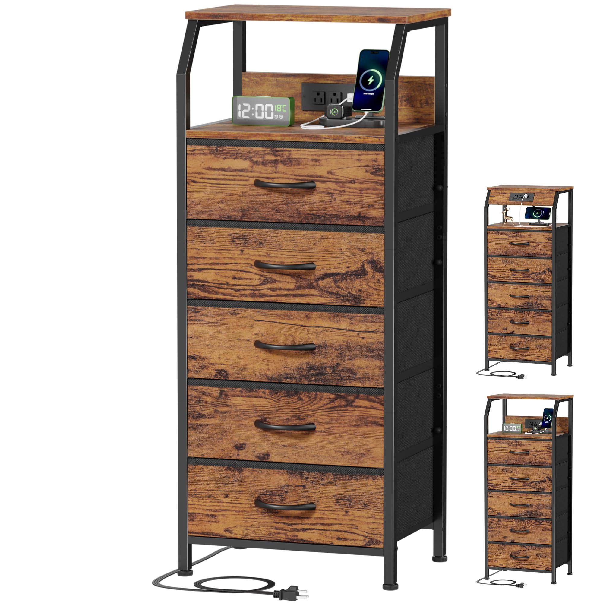 Furnulem 5 Drawers Dresser with Charging Station, Tall Night Stand with Storage Shelf, Fabric Chest of Drawers, Bedside Table fo