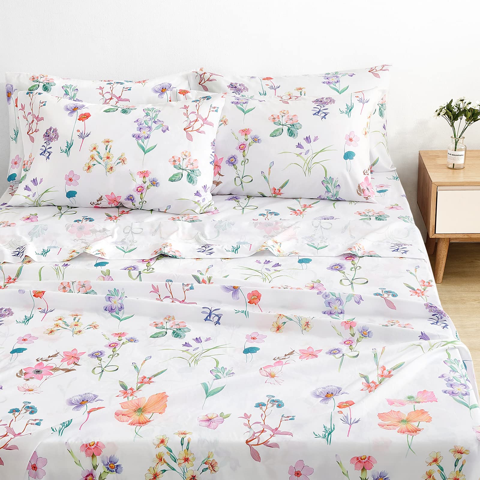 BYSURE Queen Sheet Set 6 Pieces (Pastel Floral), Cottage Core Botanical Patterned Sheets, Victorian Flower Microfiber Bedding De