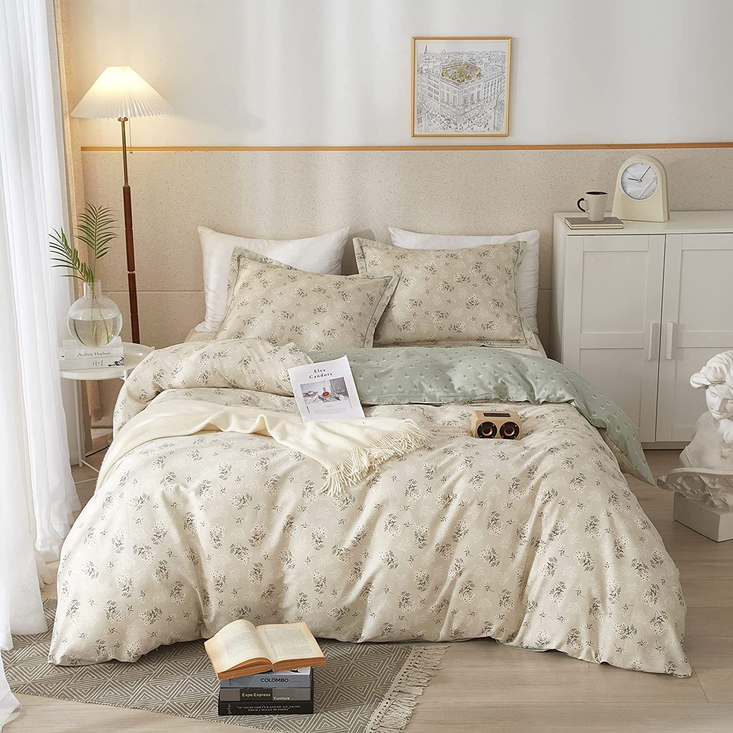 Boho Floral Duvet Cover Twin Kids Girl Garden Style Bedding Sets 100% Cotton White Beige Sage Green Floral Branches Pattern Comf