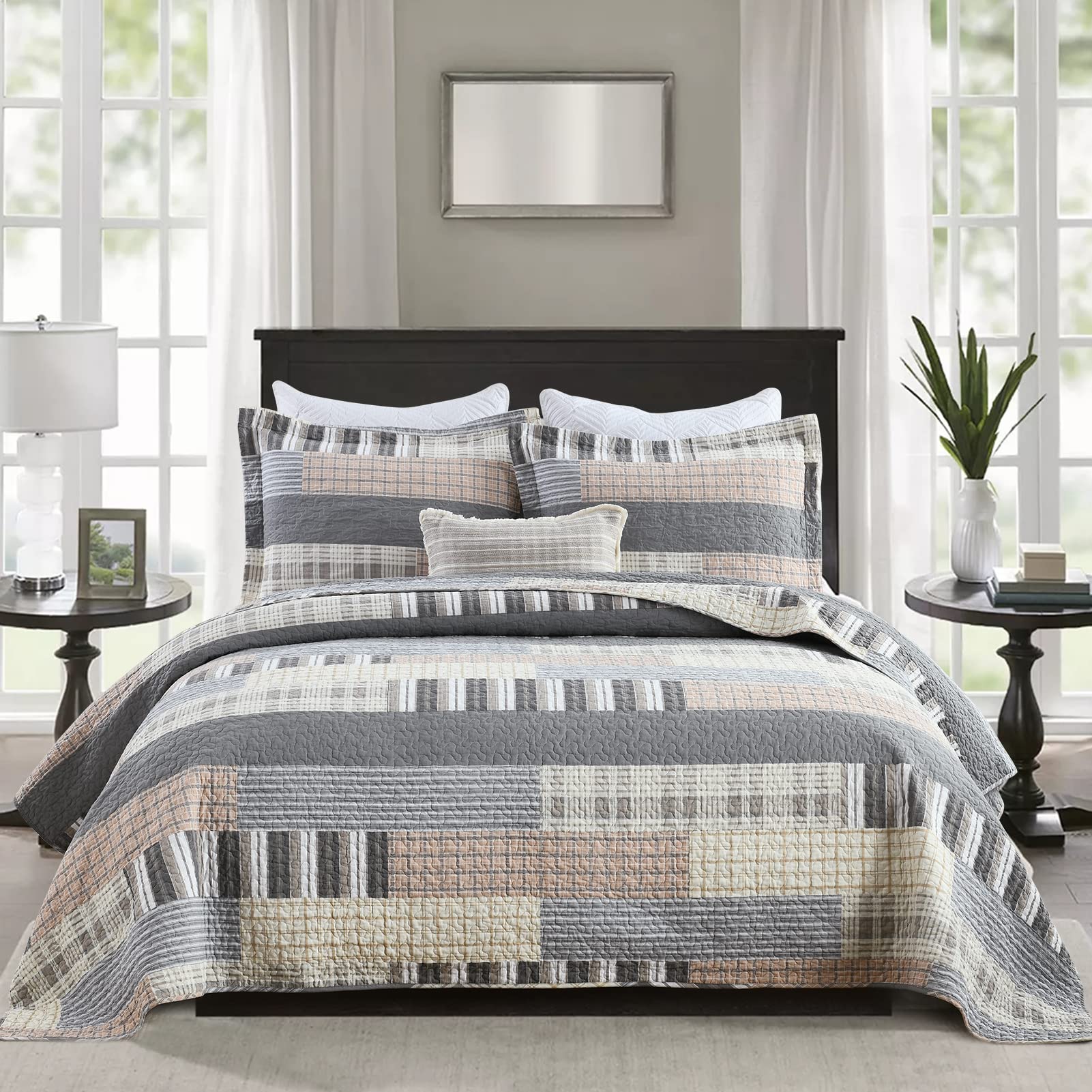 PANGUSHAN Quilt Set Queen Size, 100% Cotton Quilt Bedding Set Bedspreads, Patchwork Plaid Farmhouse Reversible Lightweight Comfo