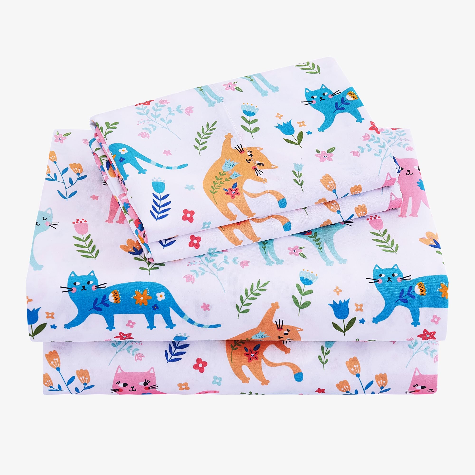 Viviland 3 Pieces Girls Pink Cat Twin Sheet Set - Soft Microfiber Fitted Flat Sheets & Pillowcase - Kids Colorful Floral Leaf Pr