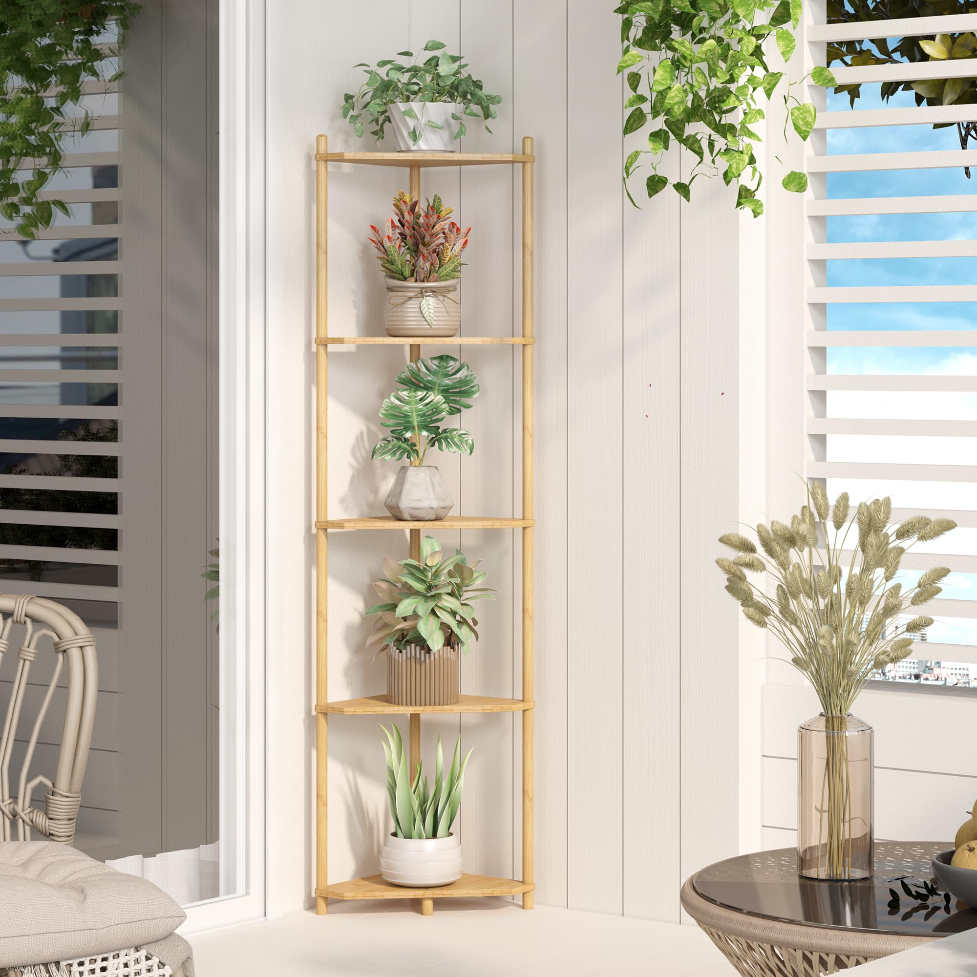 Wisuce Corner Shelf Stand - 5 Tier Natural Bamboo Small Corner Bookshelf for Office Kitchen Bedroom Plant Stand Living Room Deco