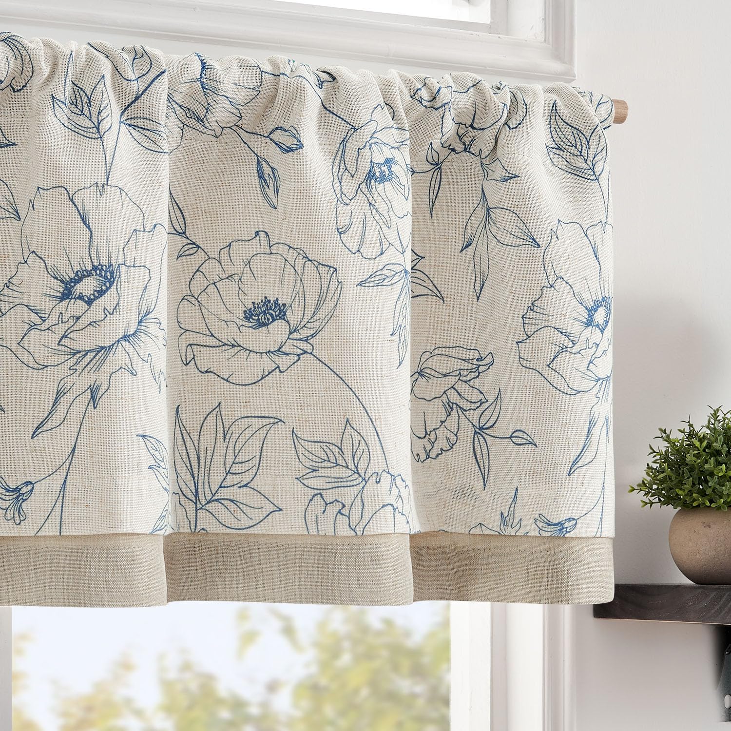 jinchan Linen Floral Valance Curtain for Kitchen Blue Flower on Beige for Windows Room Darkening Farmhouse Valance Double Layer 