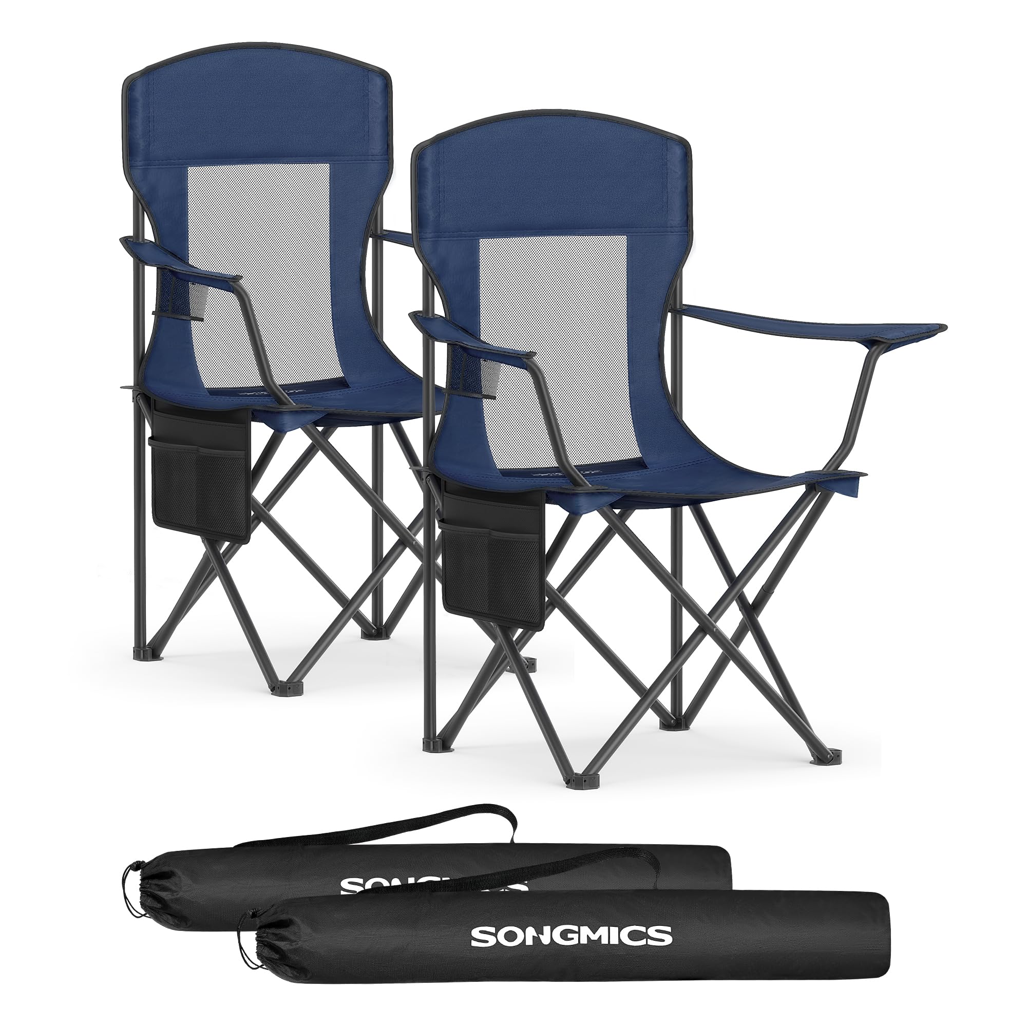 SONGMICS Breathable Camping Chairs, Foldable Outdoor Chairs Set of 2, High Back, Adjustable Armrests, Drink Holder, Weight Capac