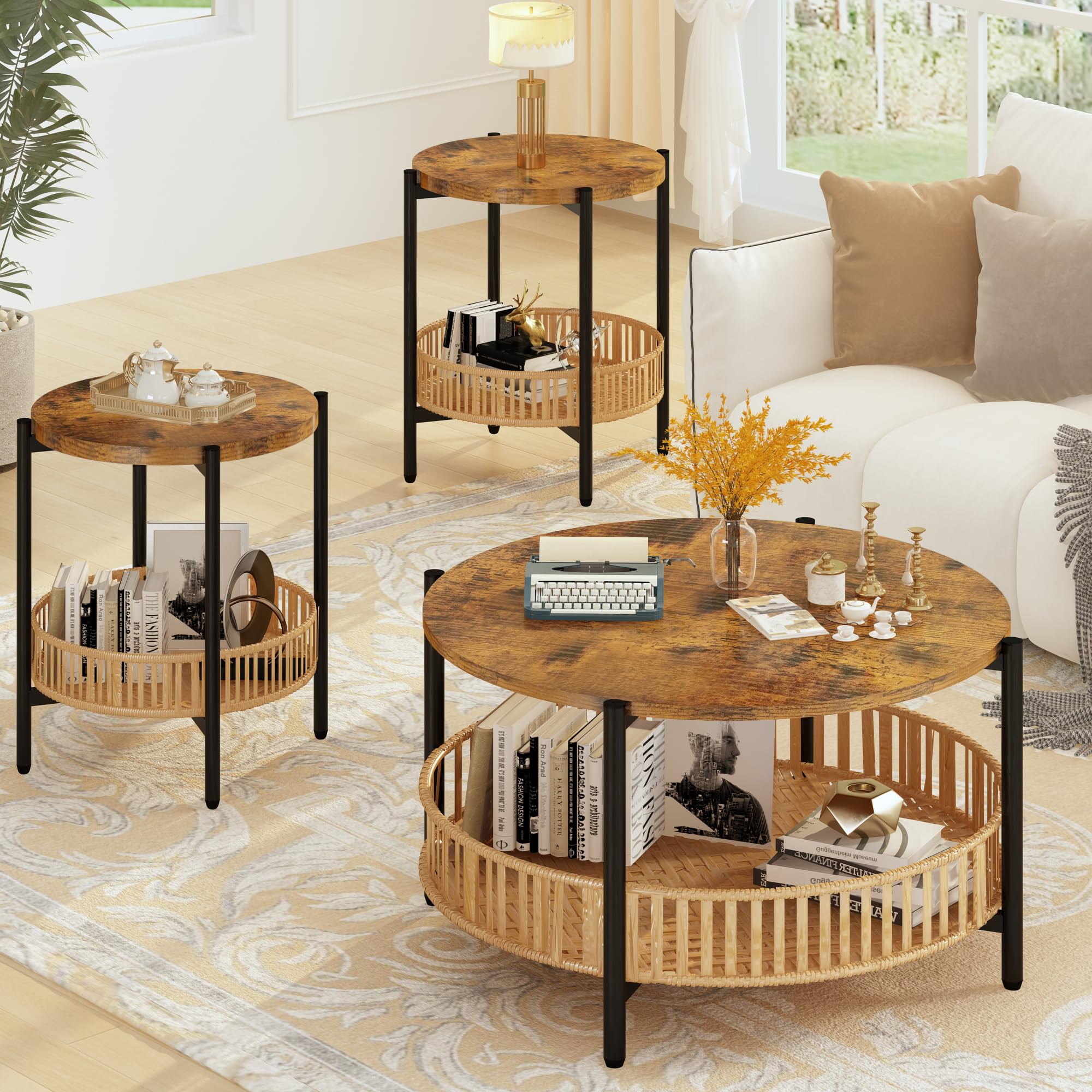AWQM 3 Pieces Coffee Table Set for Living Room, 2 Tier Round Rattan Coffee End Side Table, Boho Living Room Table Set with Metal