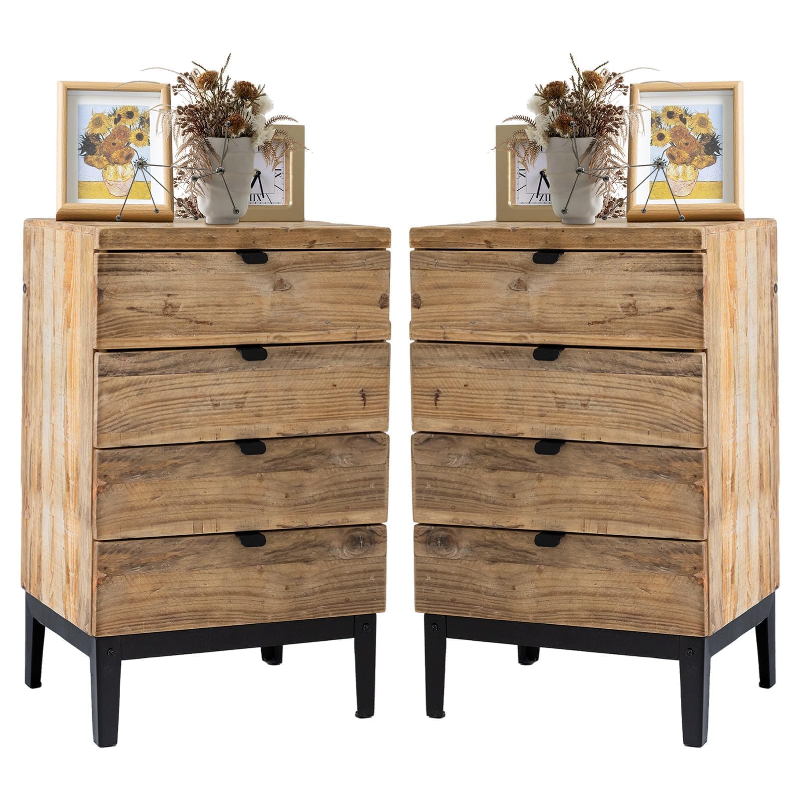 Wnutrees Farmhouse Nightstand Wood Bedside Table with 4-Drawers Bedside End Tables Storage for Living Room, Hallway, Handmade Di
