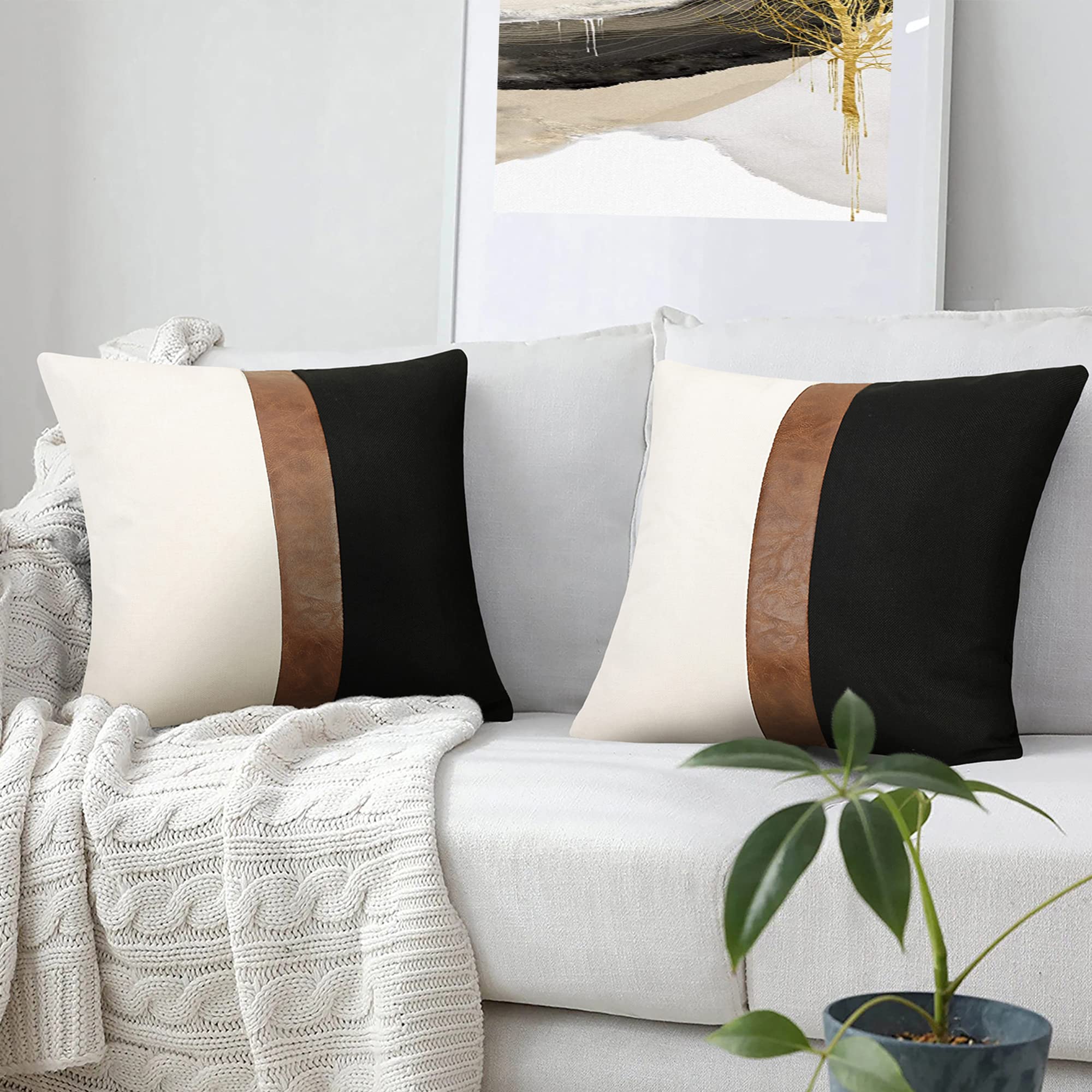 Merrycolor Thick Black Linen Farmhouse Square Throw Pillow Cover Black Brown Color Block Decorative Linen Faux Leather Ticking S